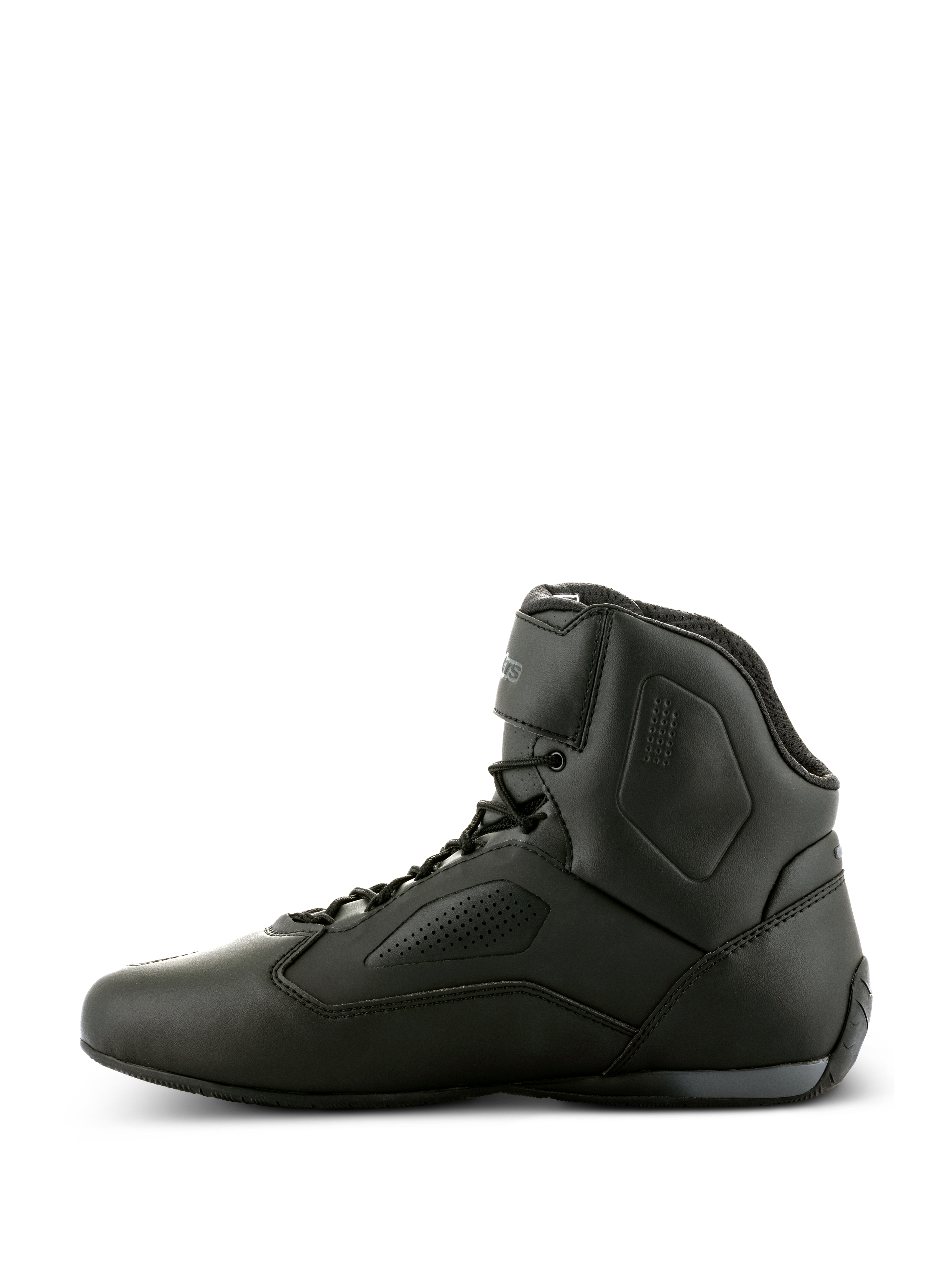 Alpinestars Faster-3 Rideknit® sko, sorte motorcykel-køresko, sideprofil, strømlinet mikrofiber-chassis med perforerede paneler, high-top design med snørelukning og ankelrem, højtydende road racing-fodtøj