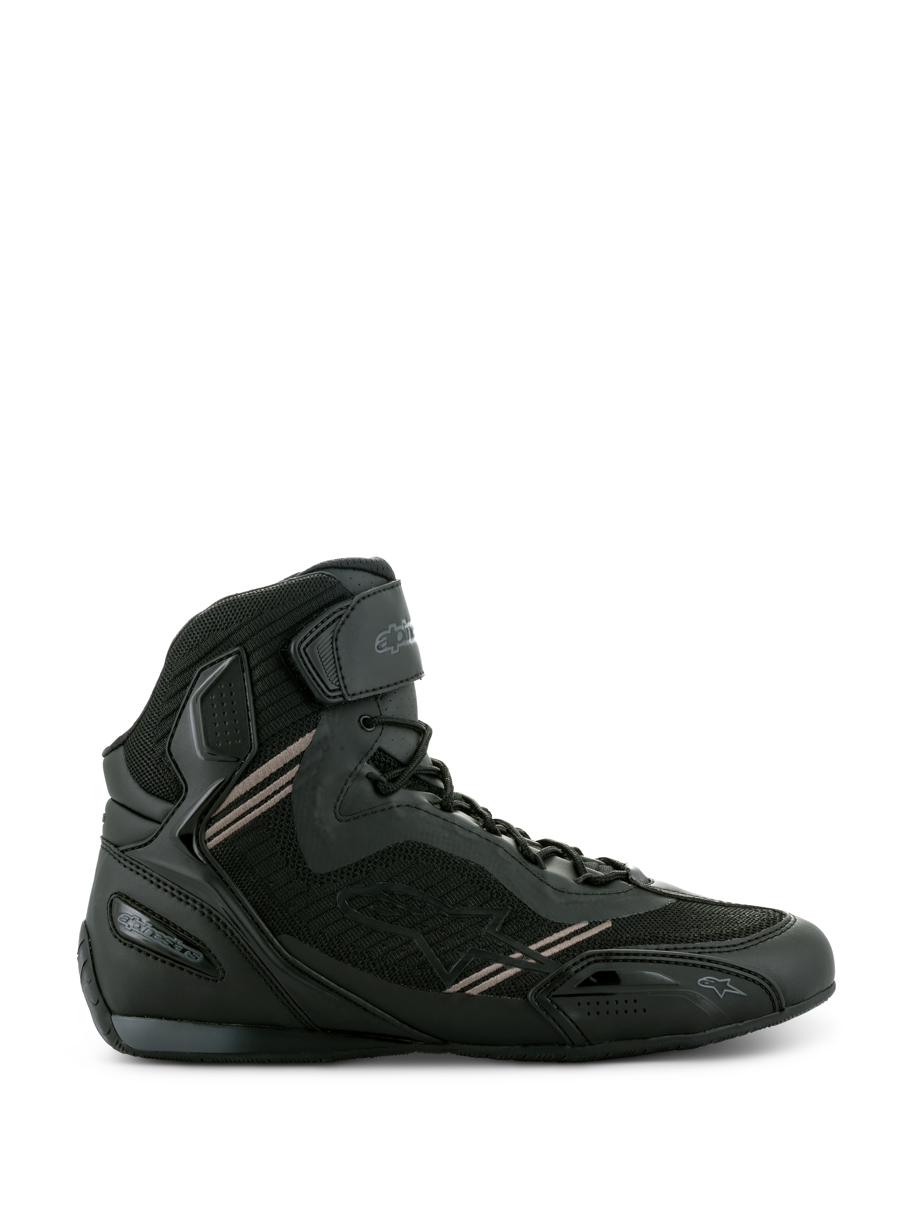 Alpinestars Faster-3 Rideknit sko, sorte motorcykelsneakers, letvægts mikrofiber og åndbar mesh-konstruktion, snørelukning med velcrorem ved anklen, beskyttende high-top design til urban kørsel