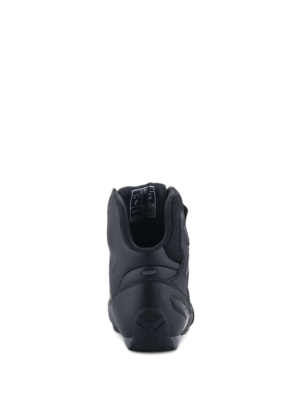 Alpinestars Faster-3 Rideknit® sko, set bagfra, sort, med TPR-hælkappe for lateral støtte, mikrofiberchassis med åndbart mesh-for, performance motorcykelfodtøj til road racing