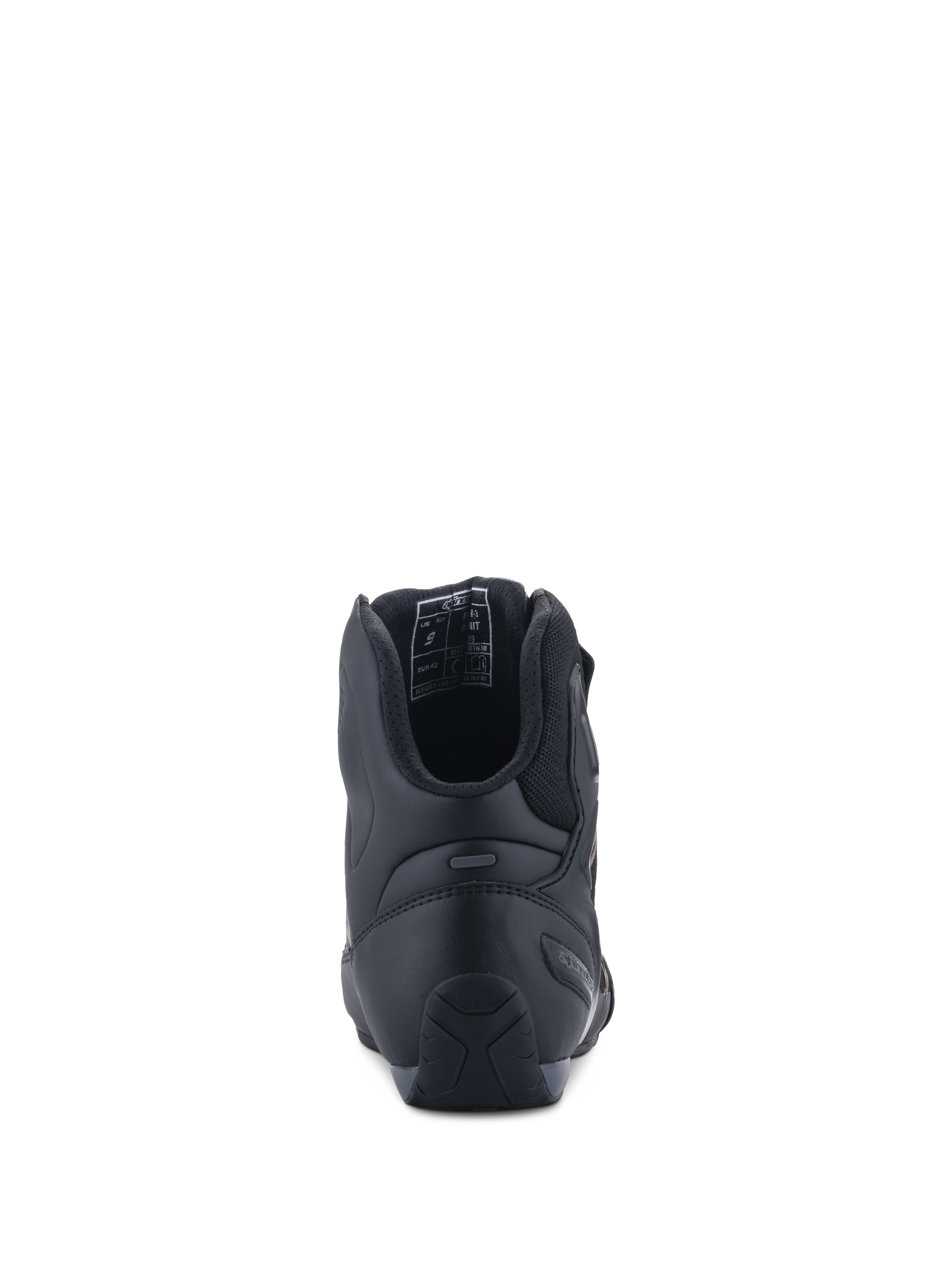 Alpinestars Faster-3 Rideknit® sko, set bagfra, sort, med TPR-hælkappe for lateral støtte, mikrofiberchassis med åndbart mesh-for, performance motorcykelfodtøj til road racing