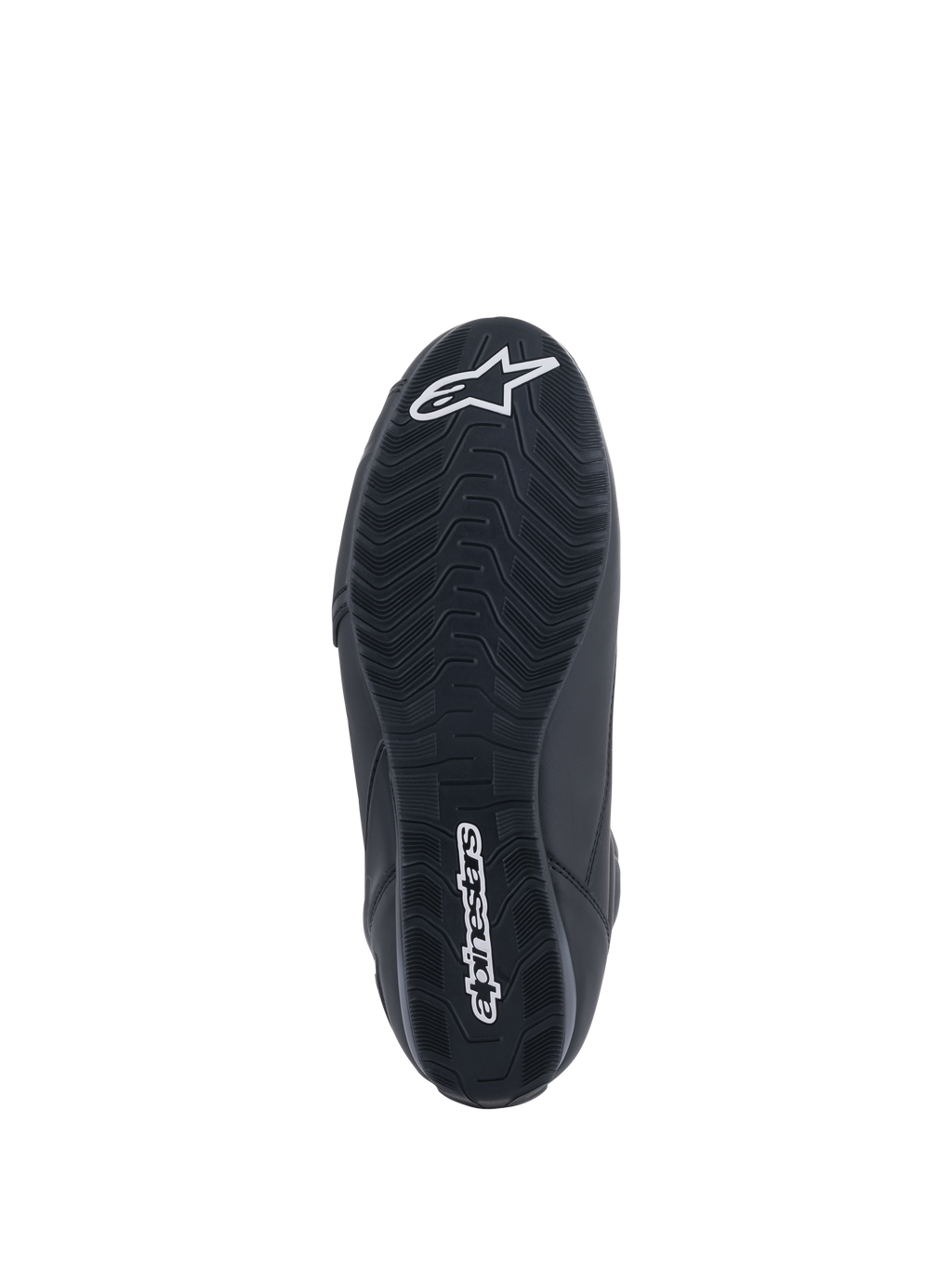 Alpinestars Faster-3 Rideknit® sko, motorcykel-køresko, sort, bundvisning af sålen med tekstureret slidmønster, hvidt Alpinestars-tekstlogo og stjernelogo, designet til road racing-præstation
