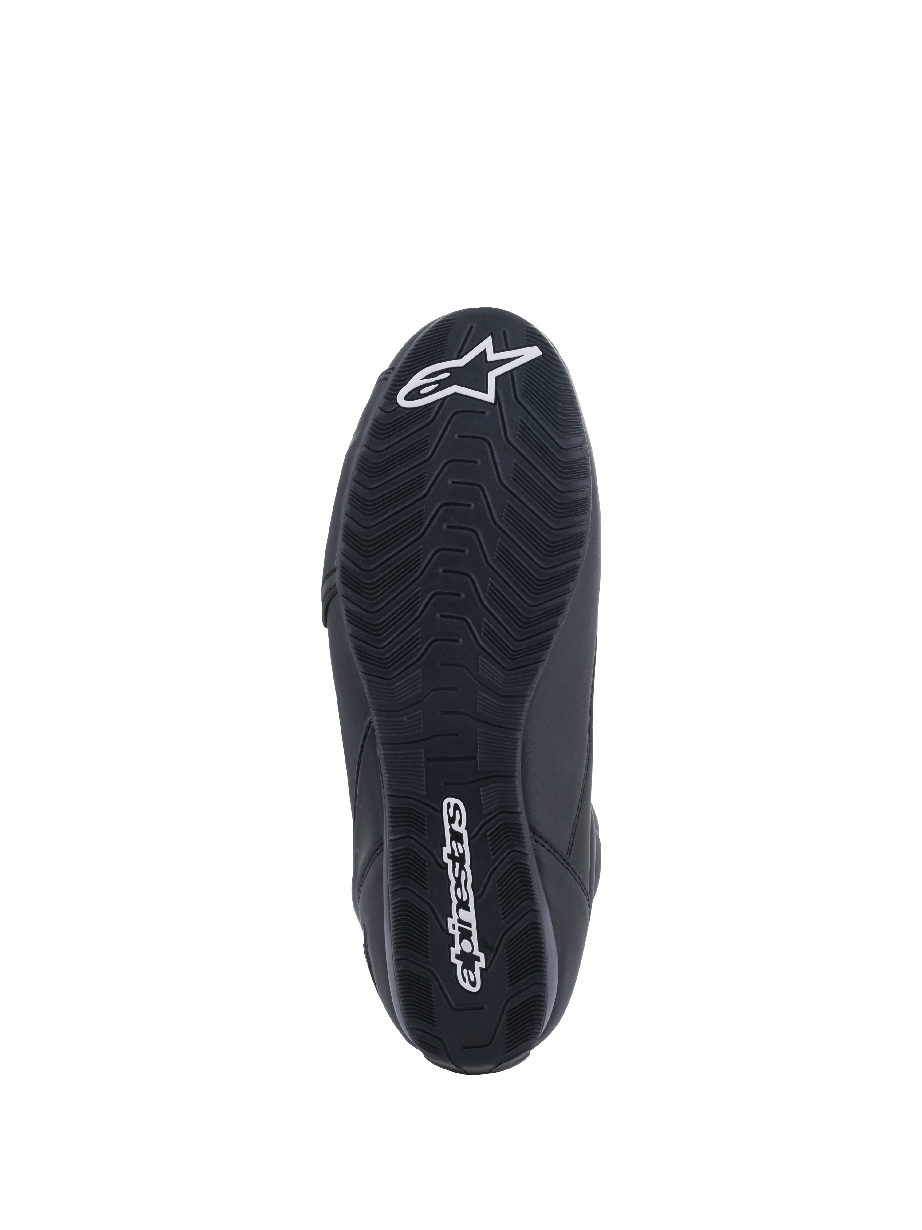 Alpinestars Faster-3 Rideknit® sko, motorcykel-køresko, sort, bundvisning af sålen med tekstureret slidmønster, hvidt Alpinestars-tekstlogo og stjernelogo, designet til road racing-præstation