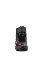 Alpinestars Faster-3 Rideknit® sko, motorcykel køresko, sort grå og klar rød, set forfra med sorte snørebånd og velcro-rem med logo, letvægts mikrofiber og åndbar mesh-konstruktion, sporty design til landevejskørsel