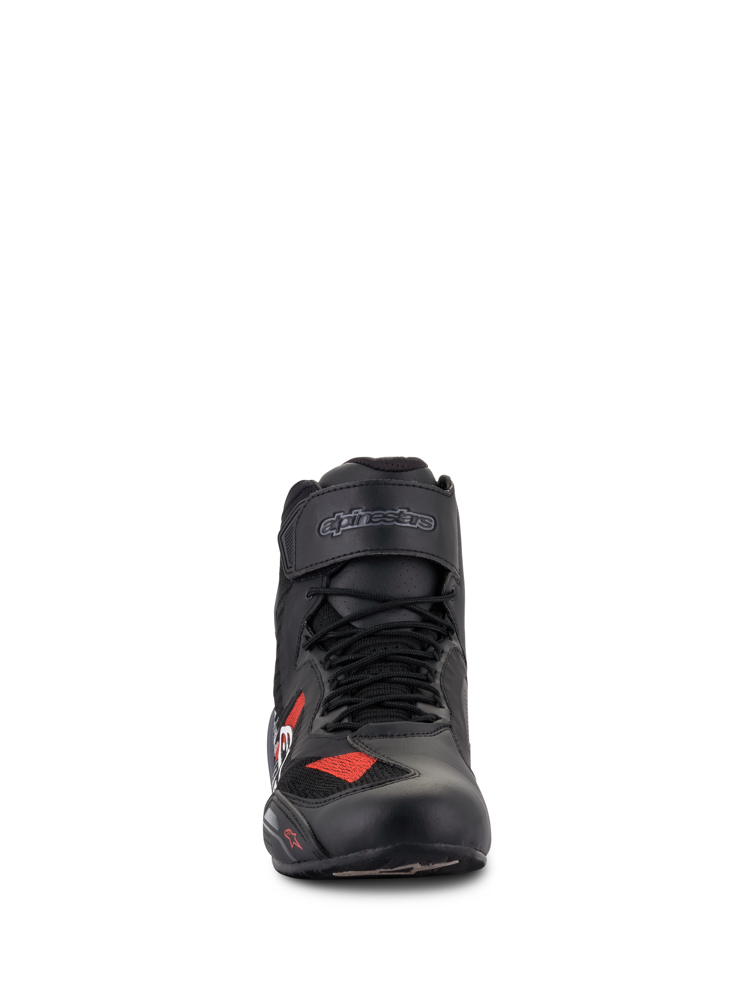 Alpinestars Faster-3 Rideknit® sko, motorcykel køresko, sort grå og klar rød, set forfra med sorte snørebånd og velcro-rem med logo, letvægts mikrofiber og åndbar mesh-konstruktion, sporty design til landevejskørsel