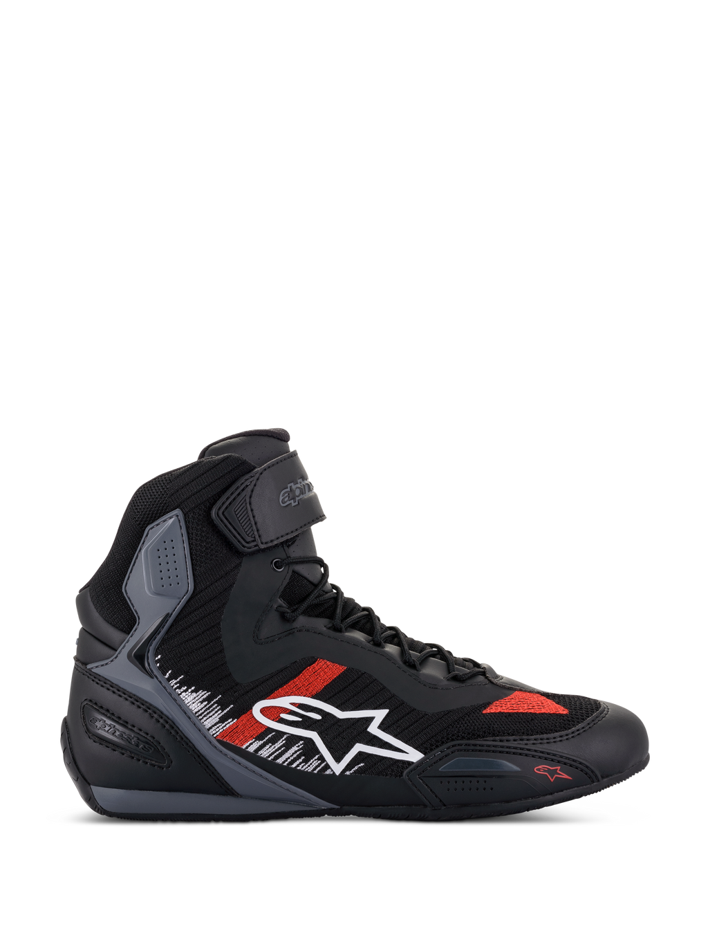 Alpinestars Faster-3 Rideknit® sko, motorcykelsneakers, sort med grå og klare røde detaljer, high-top design med hvidt stjernelogo, åndbar strikkonstruktion, ankelrem, grå teksturerede paneler, sort og grå sål