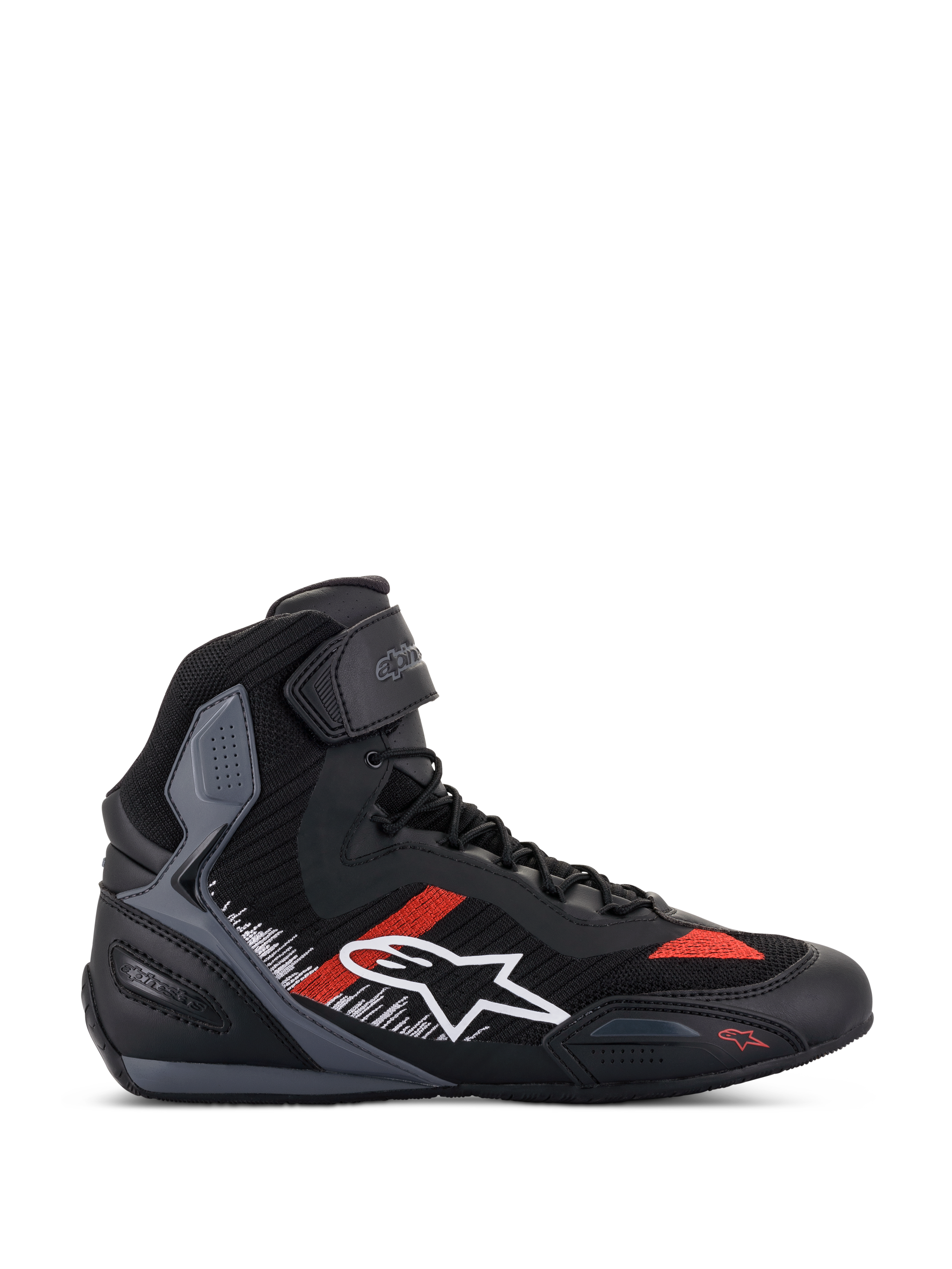 Alpinestars Faster-3 Rideknit Shoes, Motorcycle Riding Sneakers, Black with Gray and Bright Red Accents, High-Top Design with White Star Logo, Breathable Knit Construction, Ankle Strap, Gray Textured Panels, Black and Gray Sole