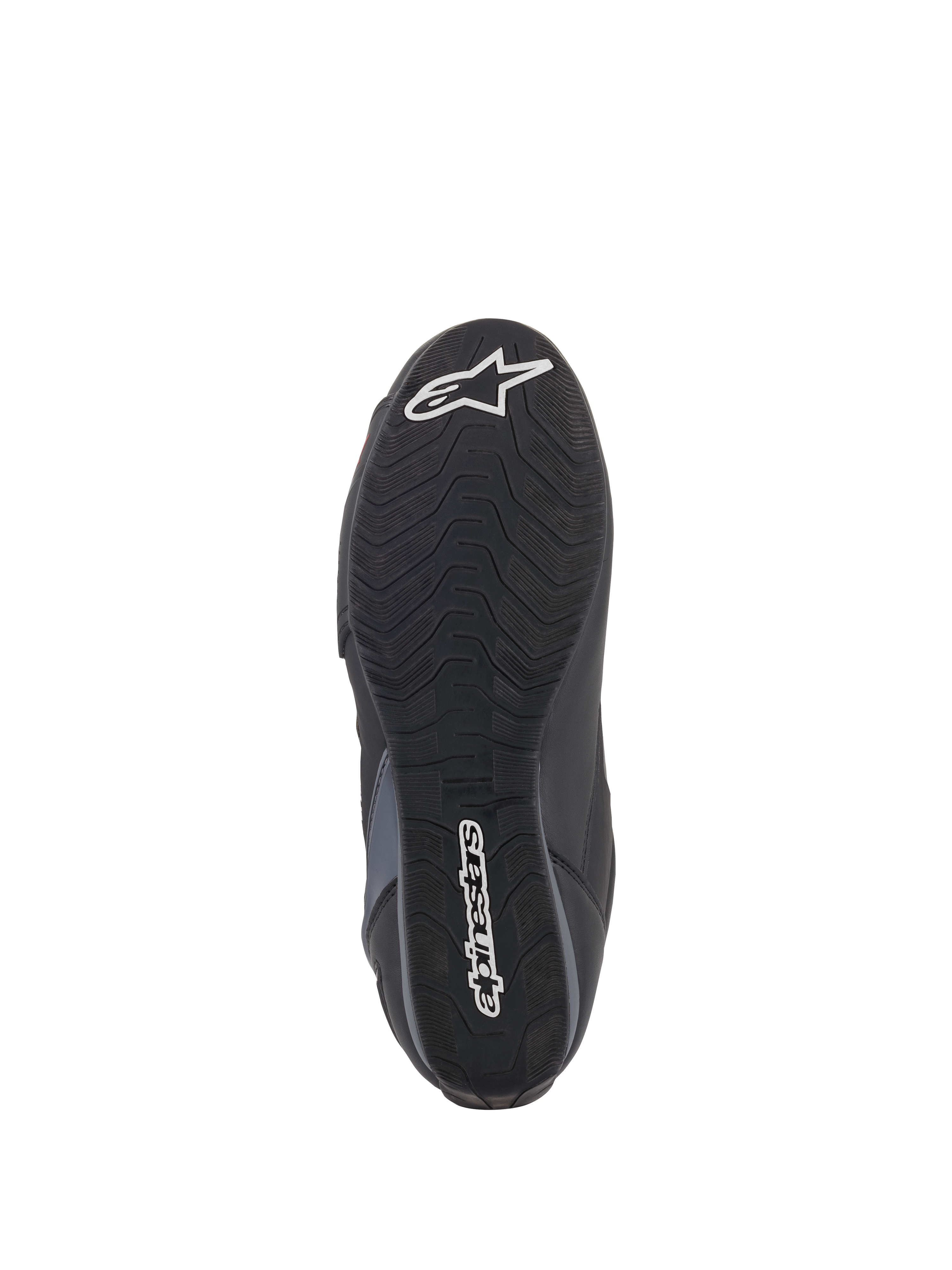 Alpinestars Faster-3 Rideknit® sko, visning af sålen, sort ydersål i gummi med bølgeformet grebsmønster, hvid Alpinestars-tekst og stjernelogo, viser grebsdetaljer til motorcykelkørsel
