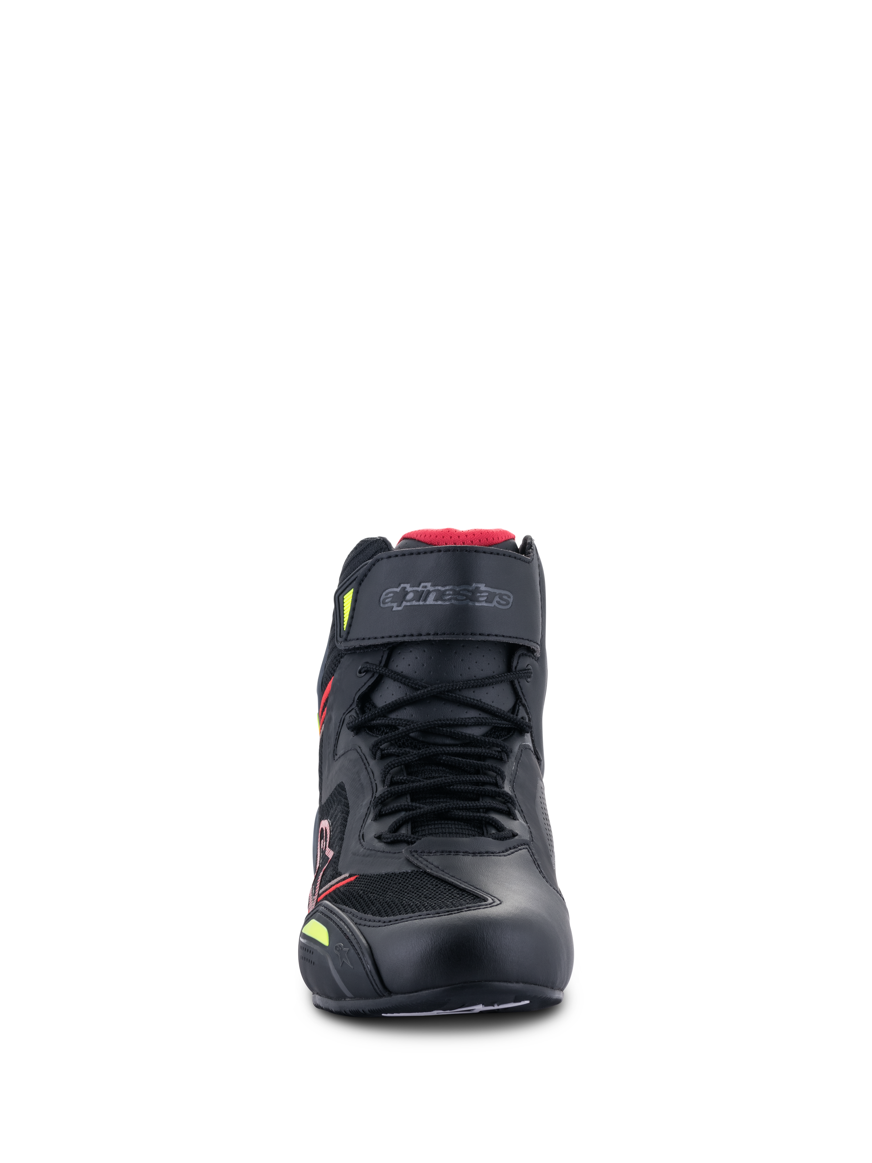 Alpinestars Faster-3 Rideknit® sko, motorcykelsko, sort med røde og Yellow Fluo-detaljer, set forfra med snørebånd, en velcro-ankelrem og åndbare strikkede paneler med rødt for
