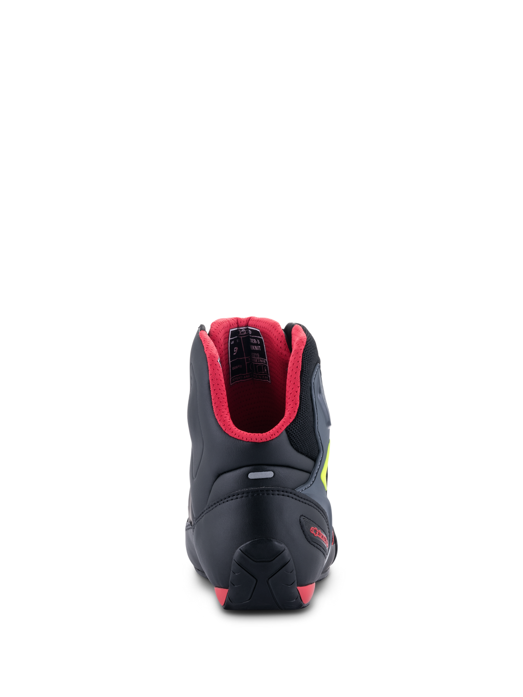 Alpinestars Faster-3 Rideknit® sko, set bagfra, sort med rødt inderfor og gul fluo-detaljer, har TPR-hælstøtte og refleksstribe, performance motorcykelsko