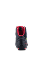 Alpinestars Faster-3 Rideknit® sko, set bagfra, sort med rødt inderfor og gul fluo-detaljer, har TPR-hælstøtte og refleksstribe, performance motorcykelsko