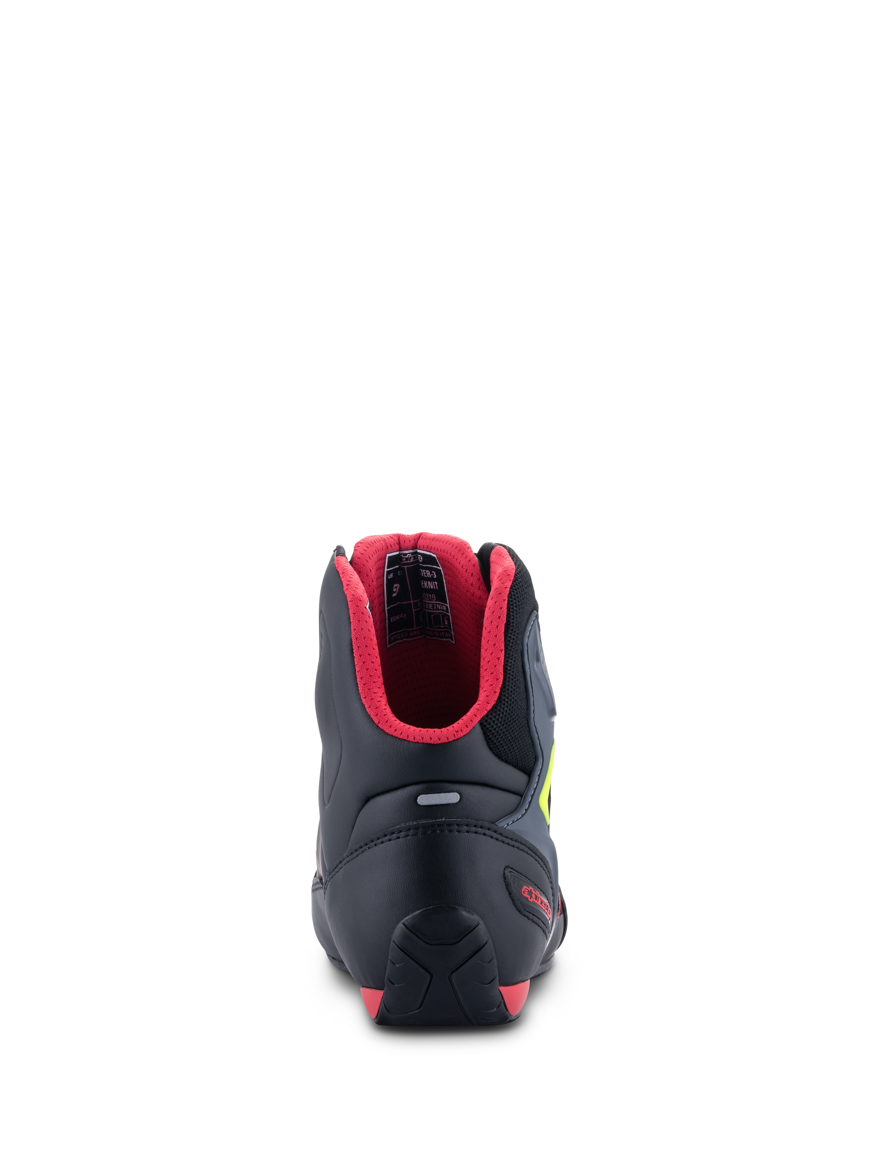 Alpinestars Faster-3 Rideknit® sko, set bagfra, sort med rødt inderfor og gul fluo-detaljer, har TPR-hælstøtte og refleksstribe, performance motorcykelsko