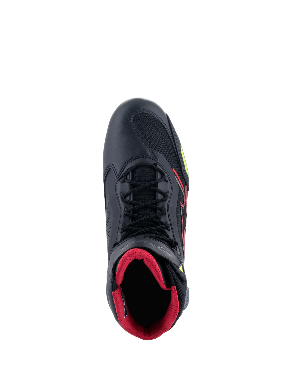 Alpinestars Faster-3 Rideknit® sko, set ovenfra, sort motorcykel-køresko med rødt inderfor, sorte snørebånd, åndbare strikpaneler samt røde og neongule detaljer, letvægtsfodtøj til sportskørsel