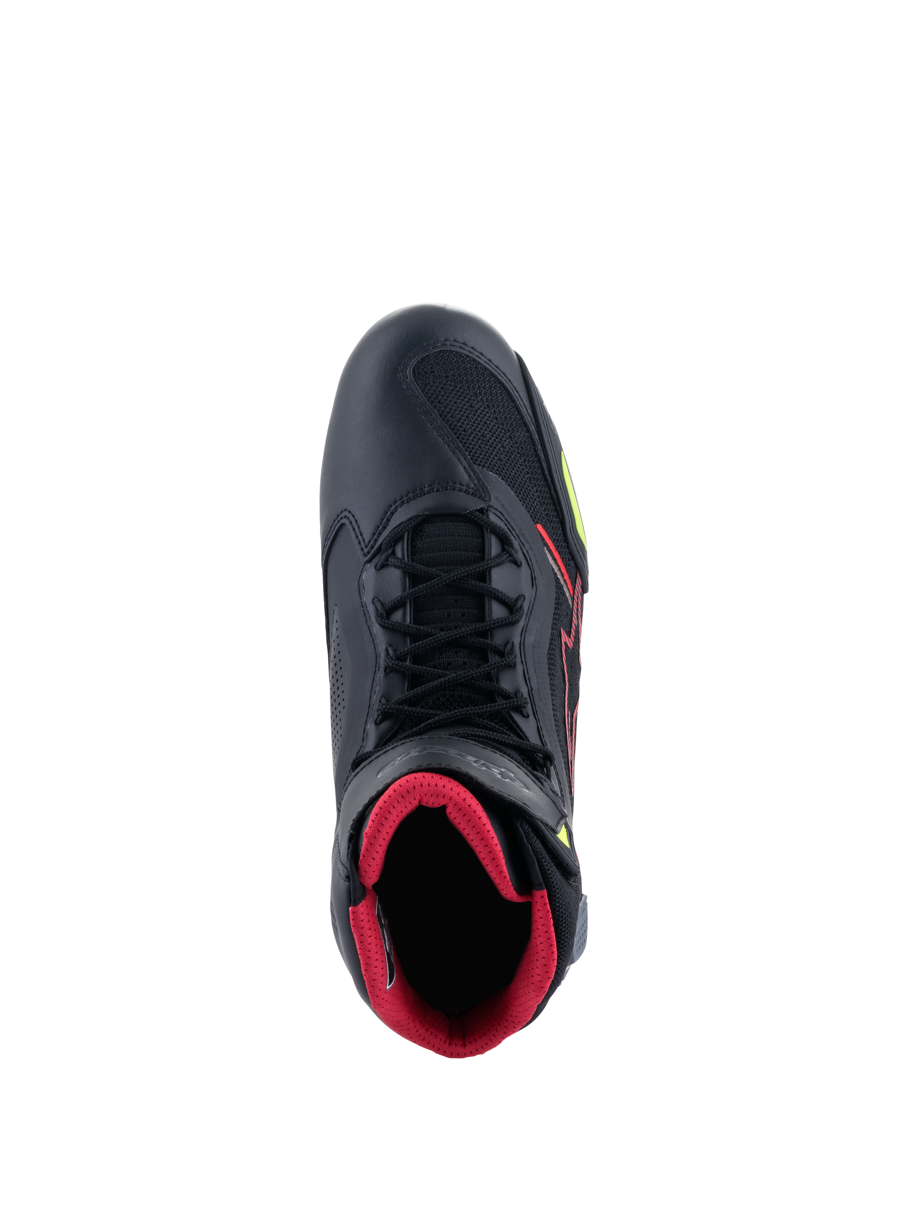 Alpinestars Faster-3 Rideknit® sko, set ovenfra, sort motorcykel-køresko med rødt inderfor, sorte snørebånd, åndbare strikpaneler samt røde og neongule detaljer, letvægtsfodtøj til sportskørsel