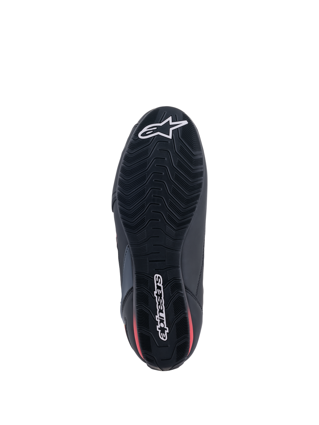 Alpinestars Faster-3 Rideknit® sko, set nedefra, sort sål med røde detaljer, tekstureret mønster for greb, hvidt Alpinestars stjernelogo på tåen og navnetræk på hælen, letvægtsfodtøj til motorcykelkørsel
