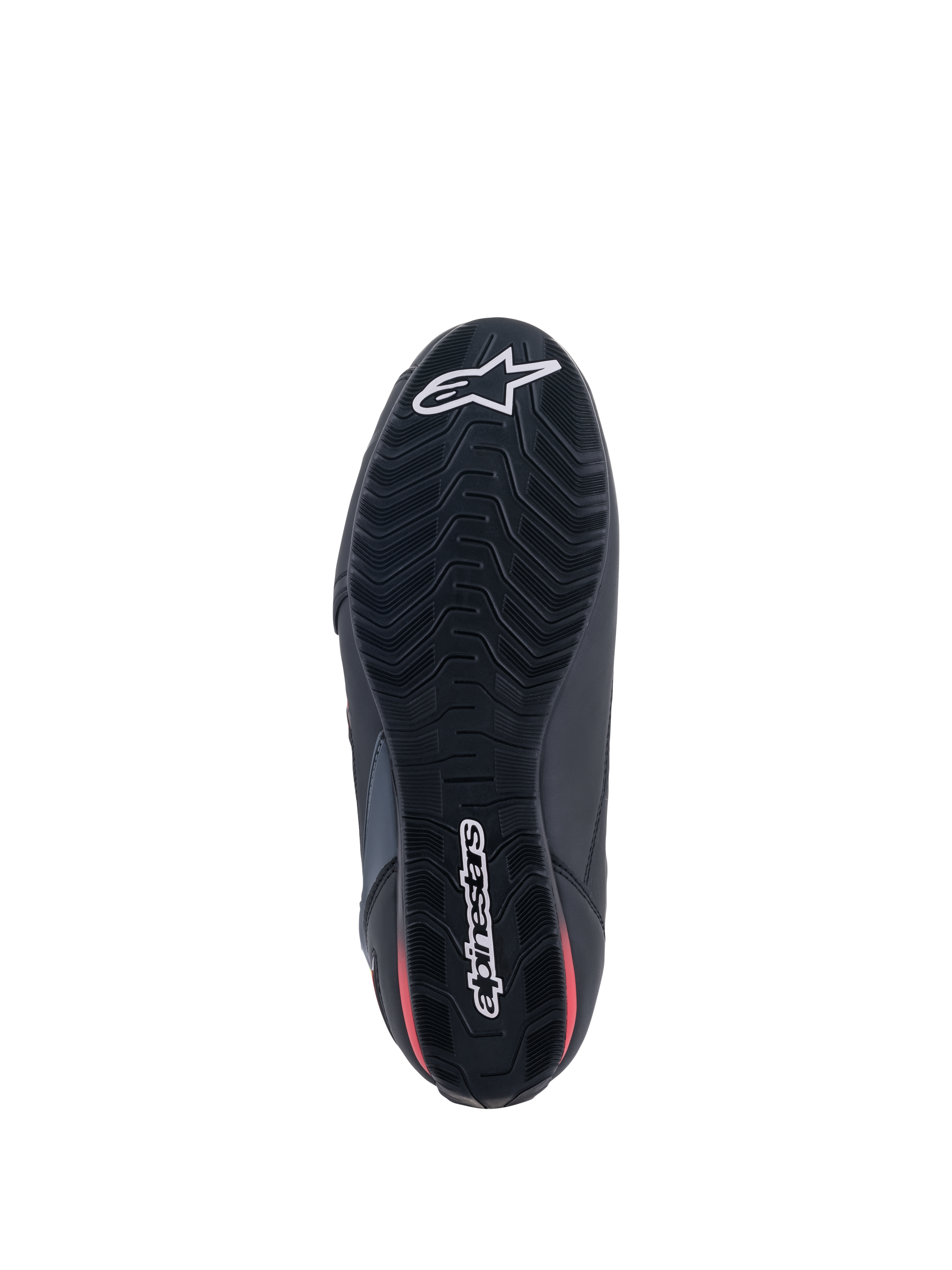 Alpinestars Faster-3 Rideknit® sko, set nedefra, sort sål med røde detaljer, tekstureret mønster for greb, hvidt Alpinestars stjernelogo på tåen og navnetræk på hælen, letvægtsfodtøj til motorcykelkørsel