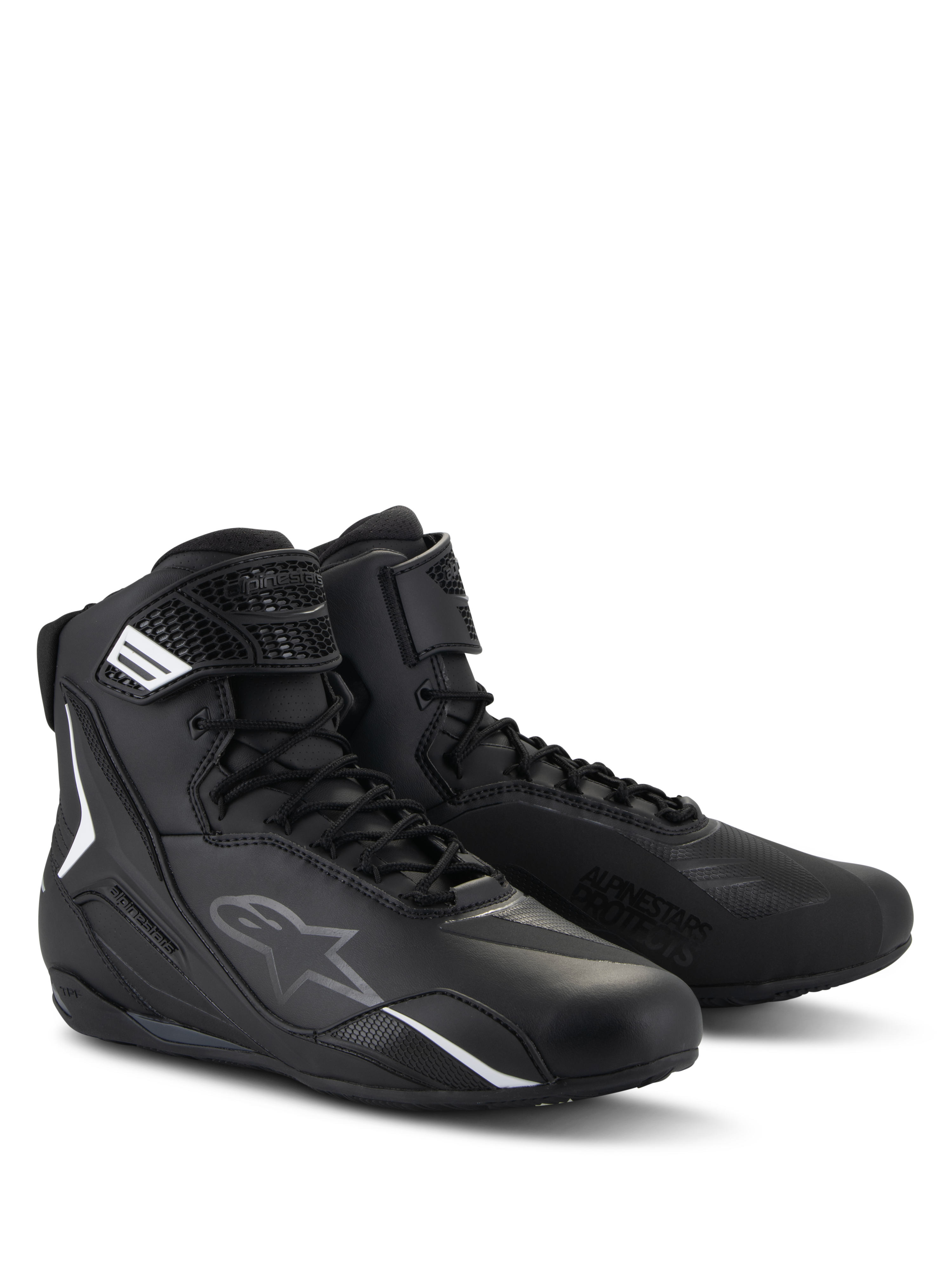 Alpinestars Faster-4 sko, motorcykel-køresko, sort, high-top design med snørebånd og velcrostrop, hvide og grå logoer, strømlinet mikrofiberkonstruktion til landevejskørsel