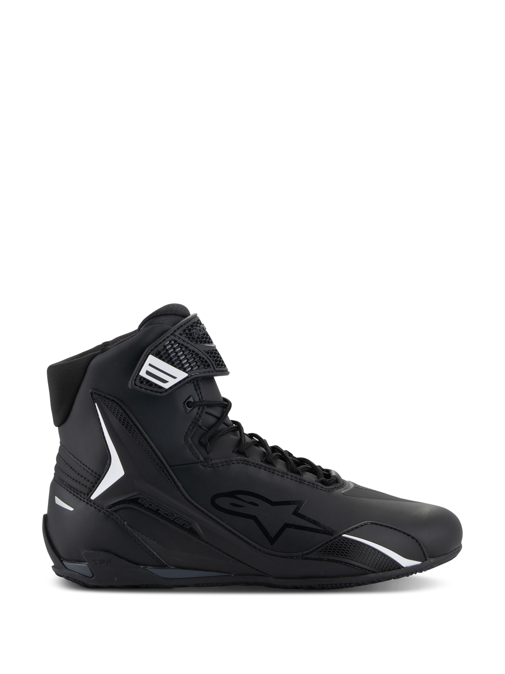 Alpinestars Faster-4 sko, sort high-top motorcykel-køresko, set fra siden, sort med hvide detaljer, snørebånd og velcrolukning, sporty design med polstret krave og TPU-beskyttelse