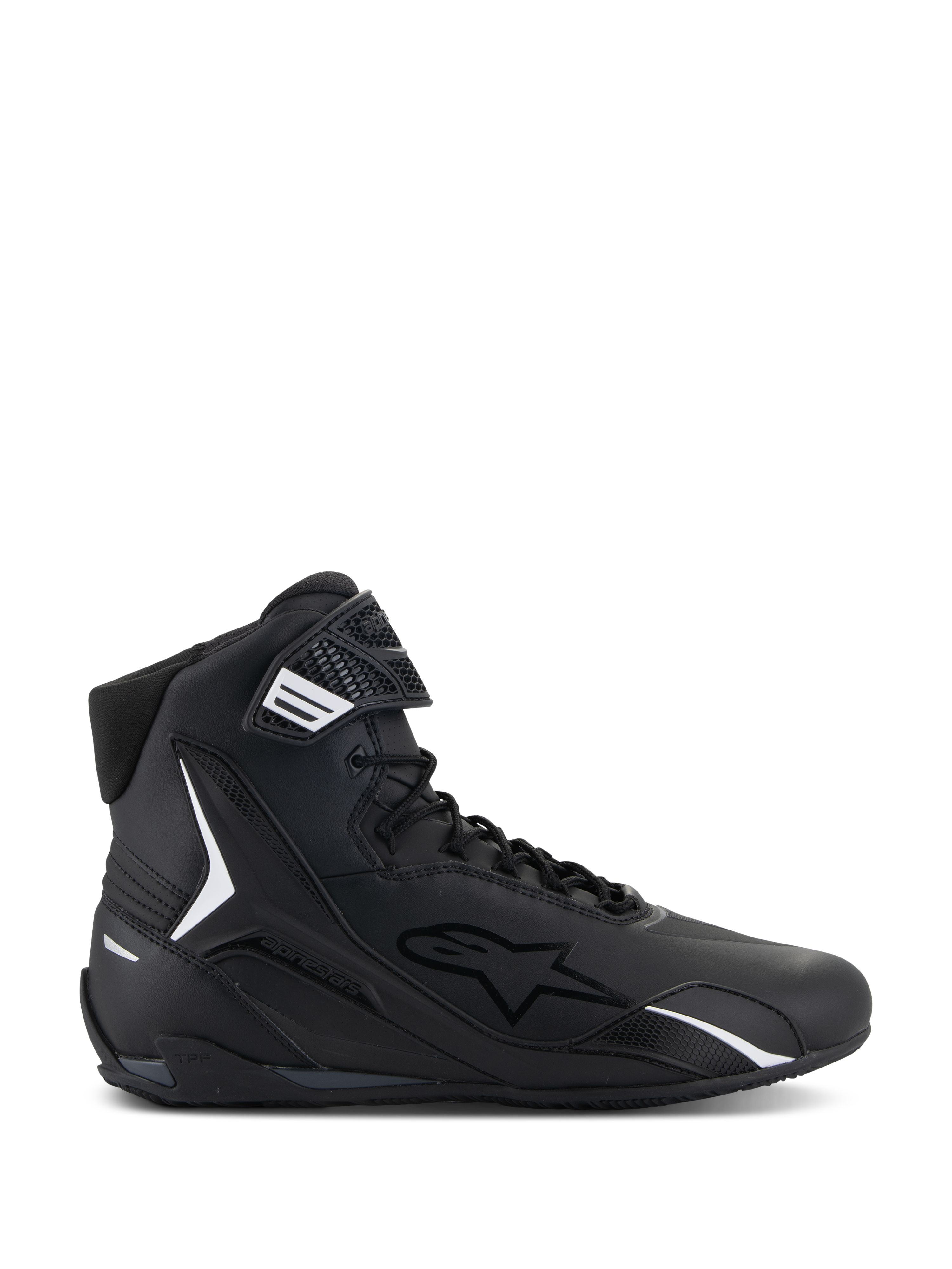 Alpinestars Faster-4 sko, sort high-top motorcykel-køresko, set fra siden, sort med hvide detaljer, snørebånd og velcrolukning, sporty design med polstret krave og TPU-beskyttelse