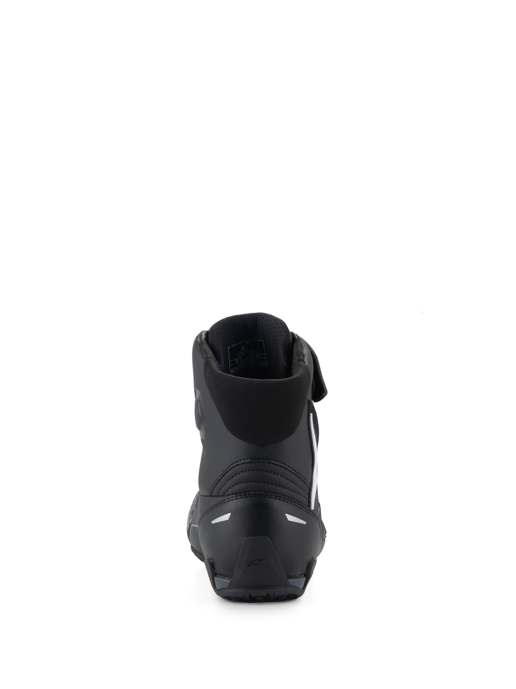 Alpinestars Faster-4 sko, sorte motorcykelkøresko, set bagfra med fokus på TPR-hælkappen og reflekterende detaljer, polstret tekstilkrave, præstationsorienteret design til sportslig landevejskørsel.