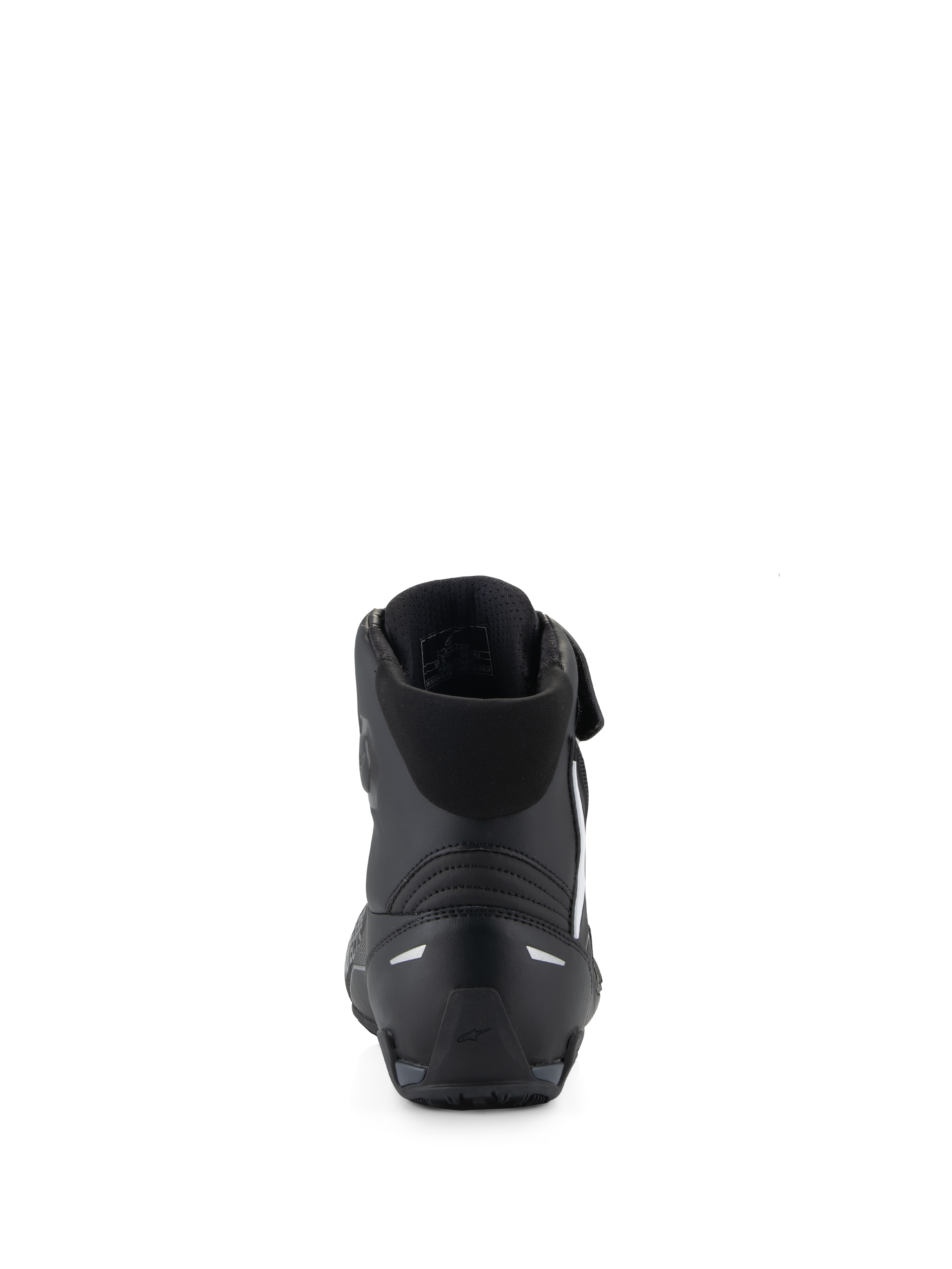 Alpinestars Faster-4 sko, sorte motorcykelkøresko, set bagfra med fokus på TPR-hælkappen og reflekterende detaljer, polstret tekstilkrave, præstationsorienteret design til sportslig landevejskørsel.