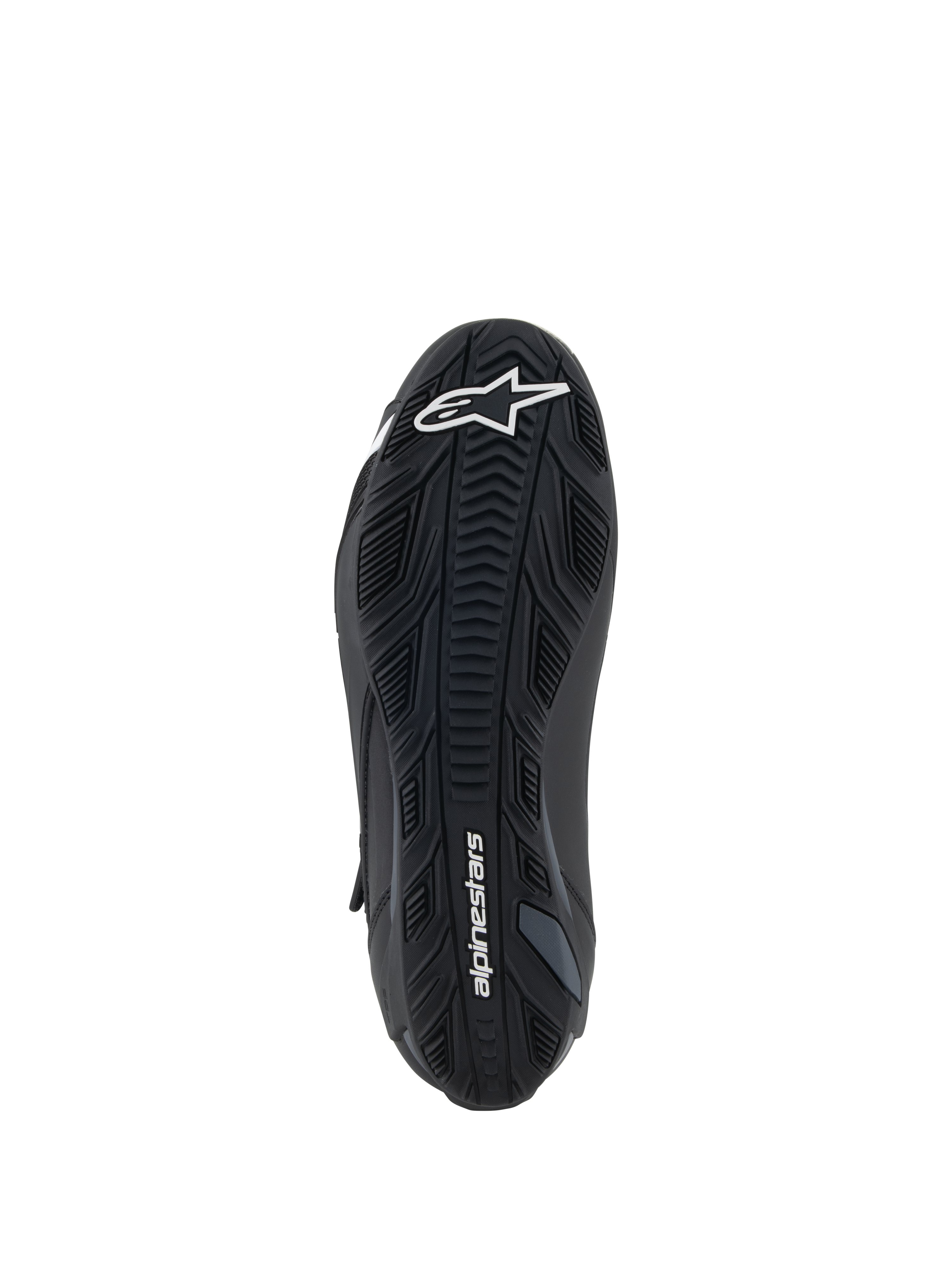 Alpinestars Faster-4 sko, sort, set nedefra af gummiydersålen med teksturerede grebsmønstre, hvidt Alpinestars-logo på forfoden og branding på hælen, motorcykel-køresko