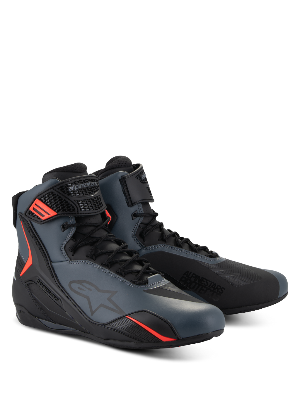 Alpinestars Faster-4 sko, motorcykelkøresko, sort, grå og rød fluo, sømløs overdel i mikrofiber med beskyttende TPU-paneler, snørelukning med krog-og-løkke-strop, sportslig aerodynamisk profil til vejkørsel