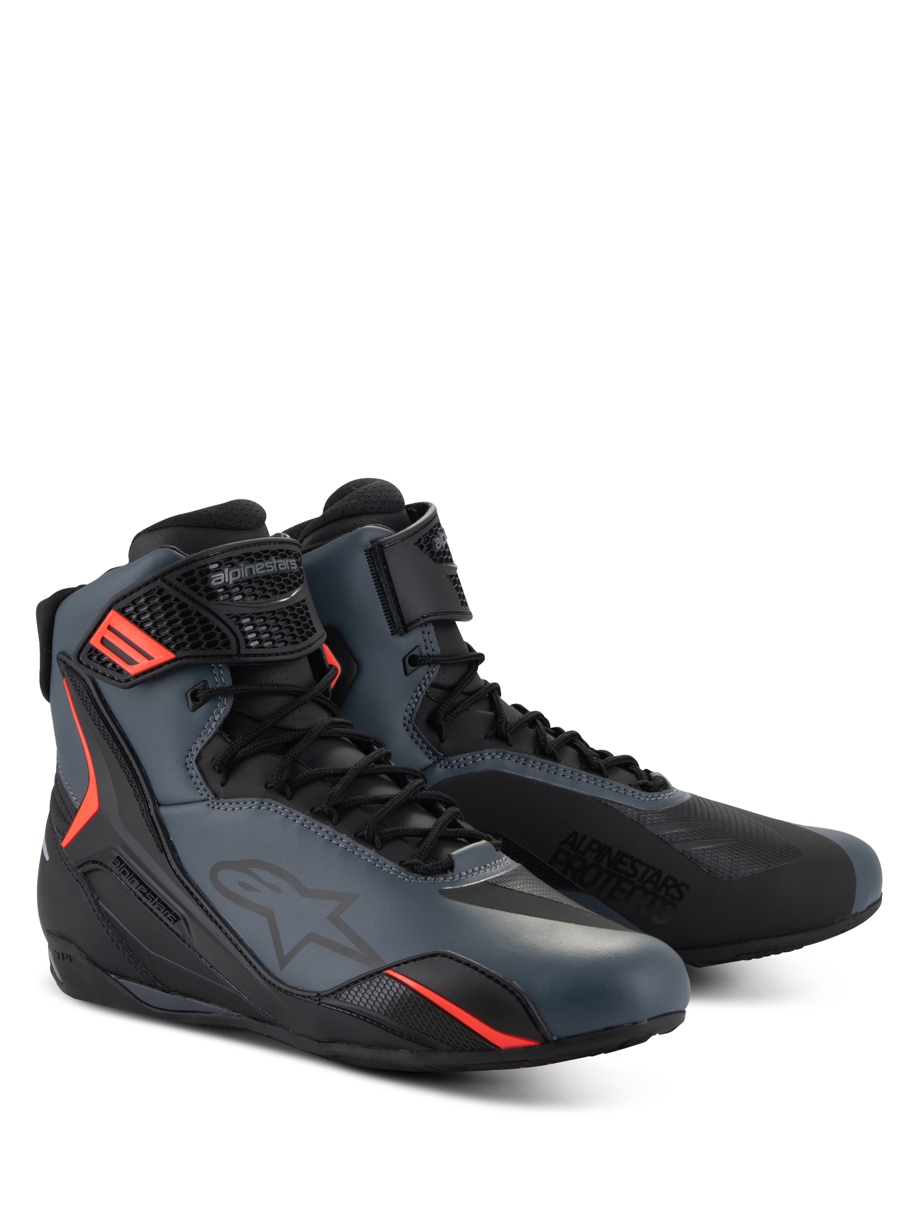 Alpinestars Faster-4 sko, motorcykelkøresko, sort, grå og rød fluo, sømløs overdel i mikrofiber med beskyttende TPU-paneler, snørelukning med krog-og-løkke-strop, sportslig aerodynamisk profil til vejkørsel