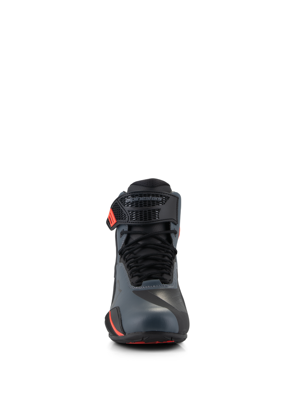 Alpinestars Faster-4 sko, motorcykelkøresko, sort grå og rød fluo, set forfra med sømløs mikrofiberoverdel, traditionelle snørebånd og justerbar ankelrem med Alpinestars-logo