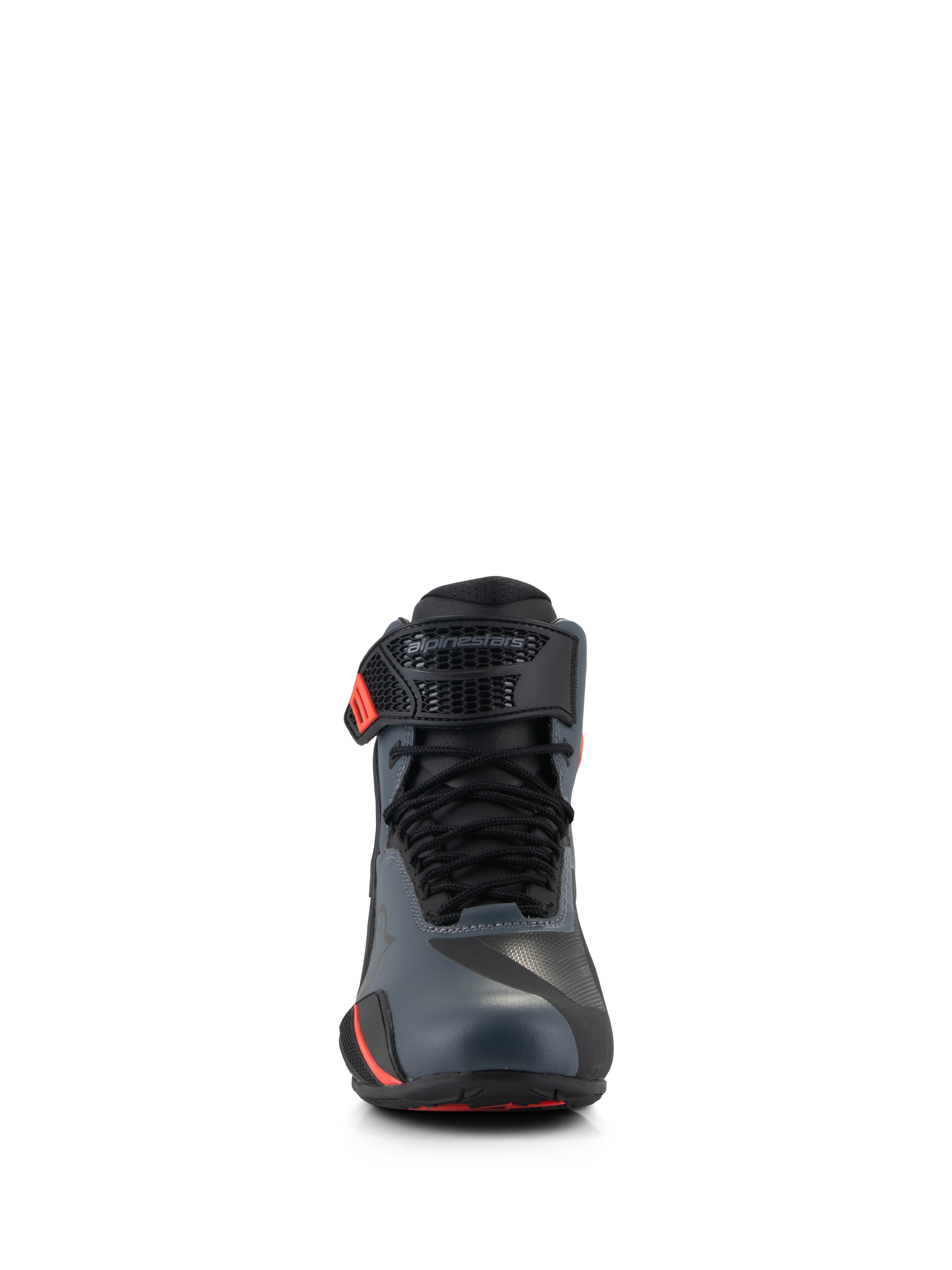 Alpinestars Faster-4 sko, motorcykelkøresko, sort grå og rød fluo, set forfra med sømløs mikrofiberoverdel, traditionelle snørebånd og justerbar ankelrem med Alpinestars-logo