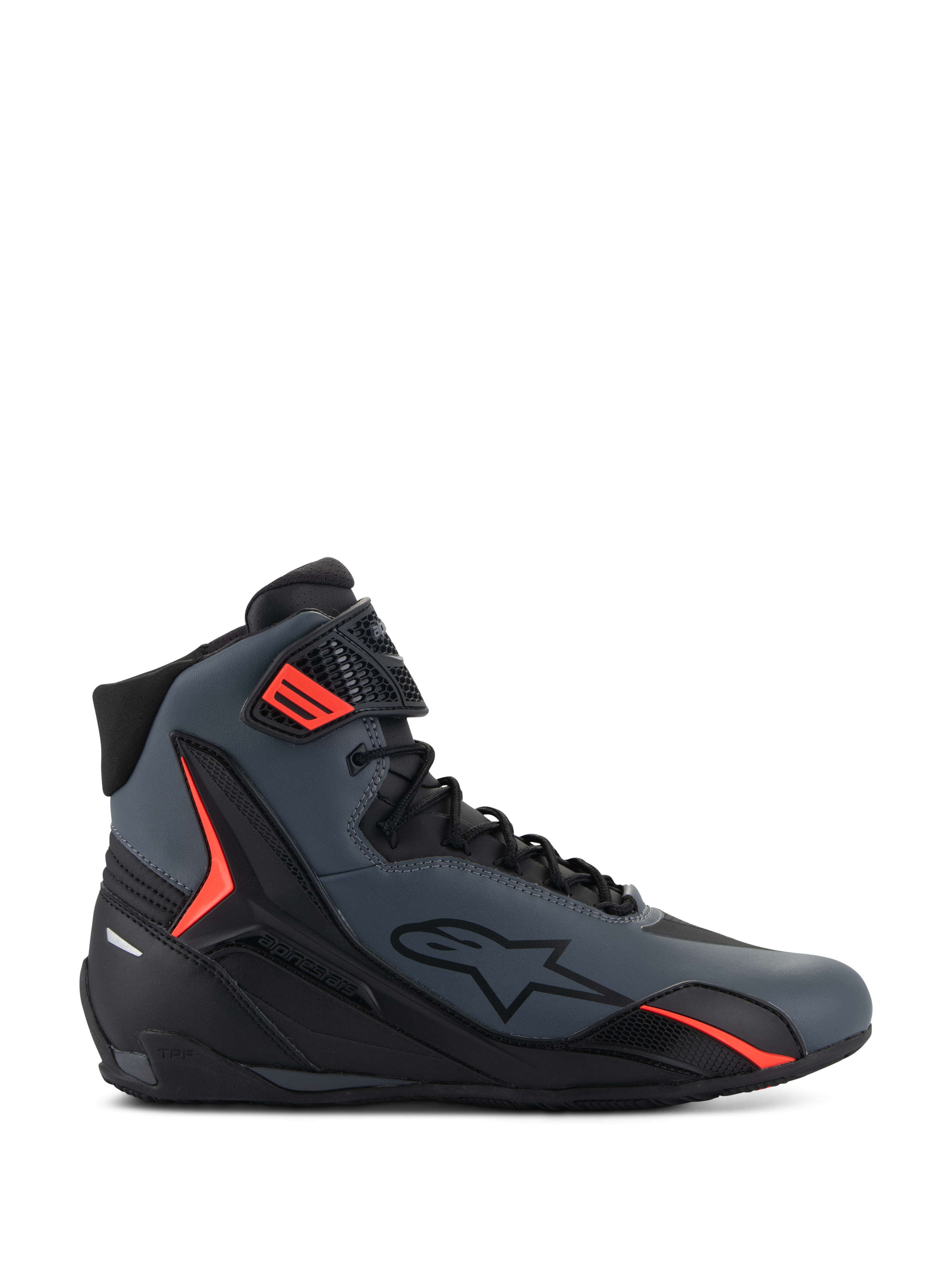 Alpinestars Faster-4 Shoes, high-top motorcycle riding shoes, dark gray and black with vibrant red accents, featuring a sleek microfiber upper, lateral star logo, and a secure lace-up system with an adjustable ankle strap.
