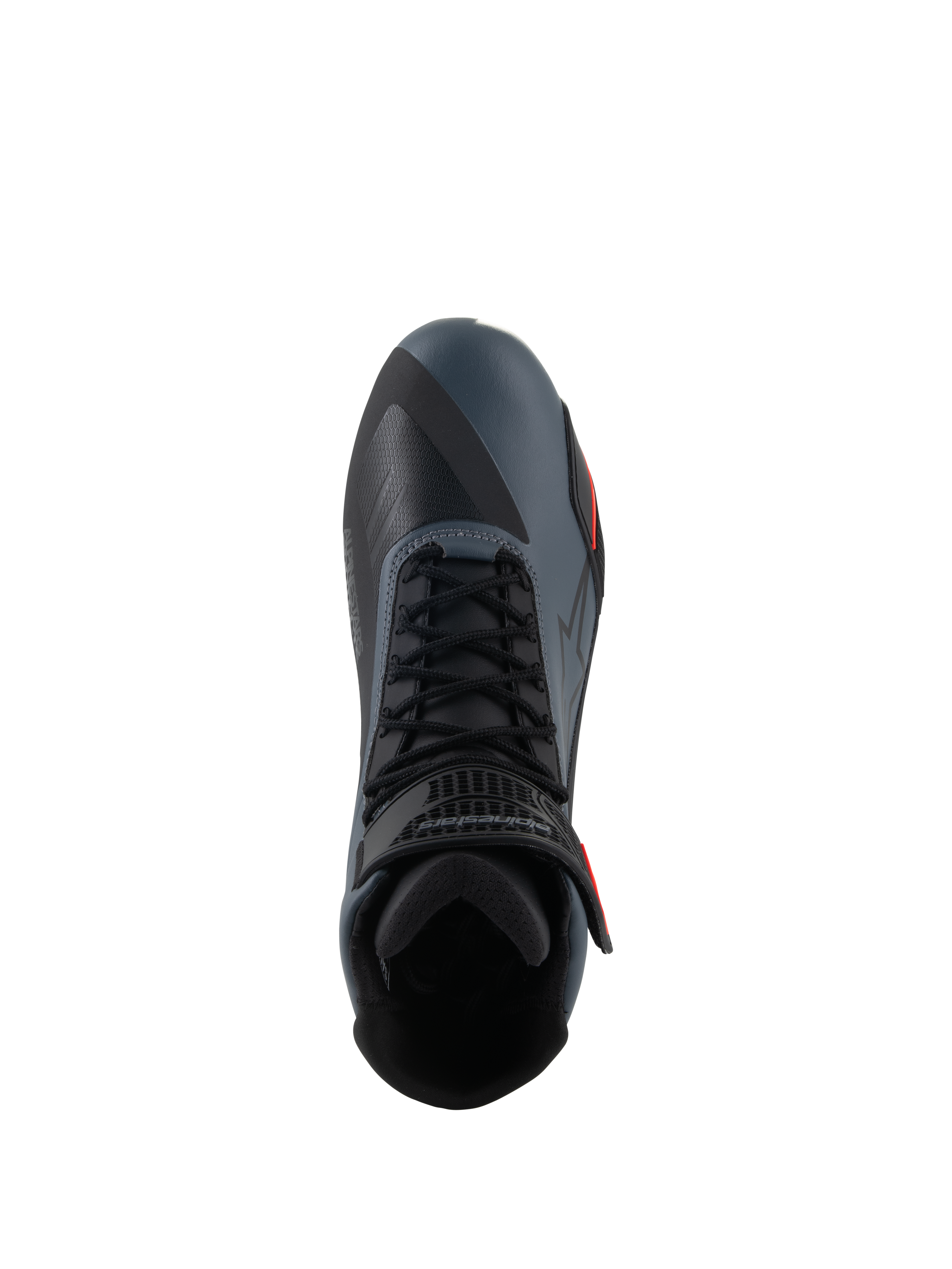 Alpinestars Faster-4 sko, motorcykel køresko, sort, grå og rød fluo, set oppefra med fokus på snørebånd og ankelstrop, teknisk mikrofiber-overdel med sømløse paneler, sporty design til vejkørsel.