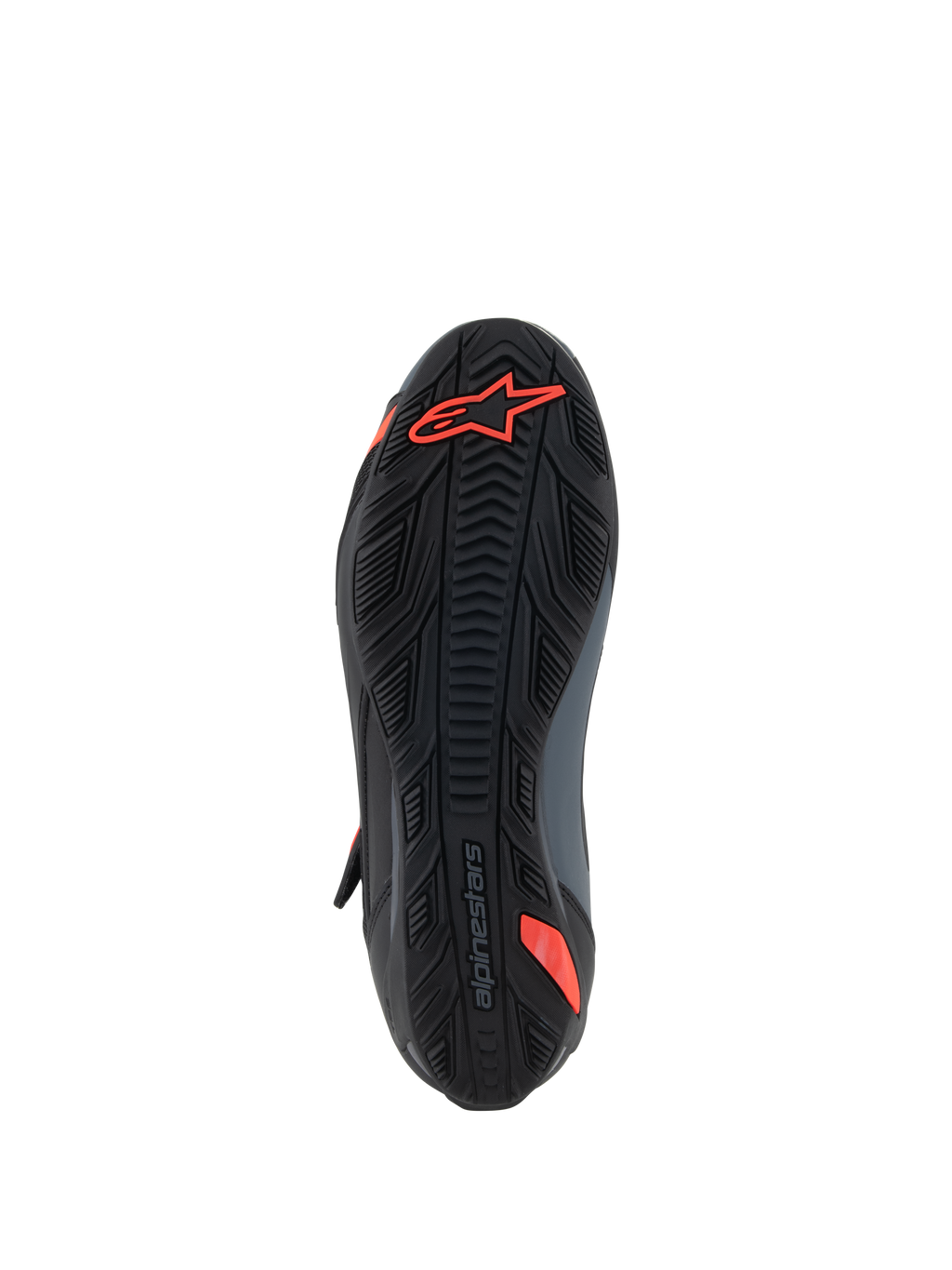 Alpinestars Faster-4 sko, motorcykel-køresko, sort og rød fluo, set nedefra med tekstureret gummisål, rødt Astars-logo og præget branding, designet til greb og holdbarhed