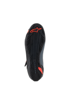 Alpinestars Faster-4 sko, motorcykel-køresko, sort og rød fluo, set nedefra med tekstureret gummisål, rødt Astars-logo og præget branding, designet til greb og holdbarhed