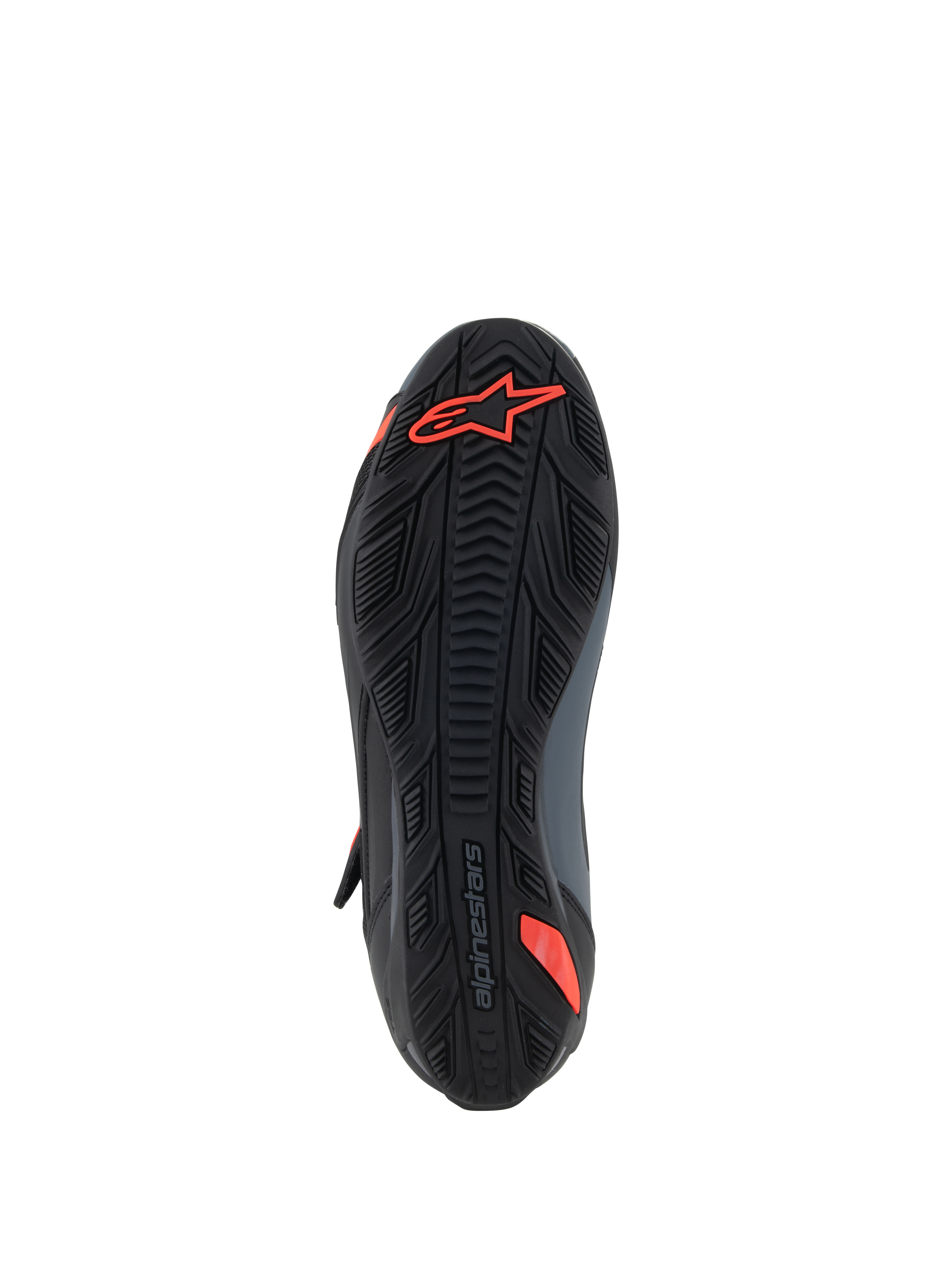 Alpinestars Faster-4 sko, motorcykel-køresko, sort og rød fluo, set nedefra med tekstureret gummisål, rødt Astars-logo og præget branding, designet til greb og holdbarhed