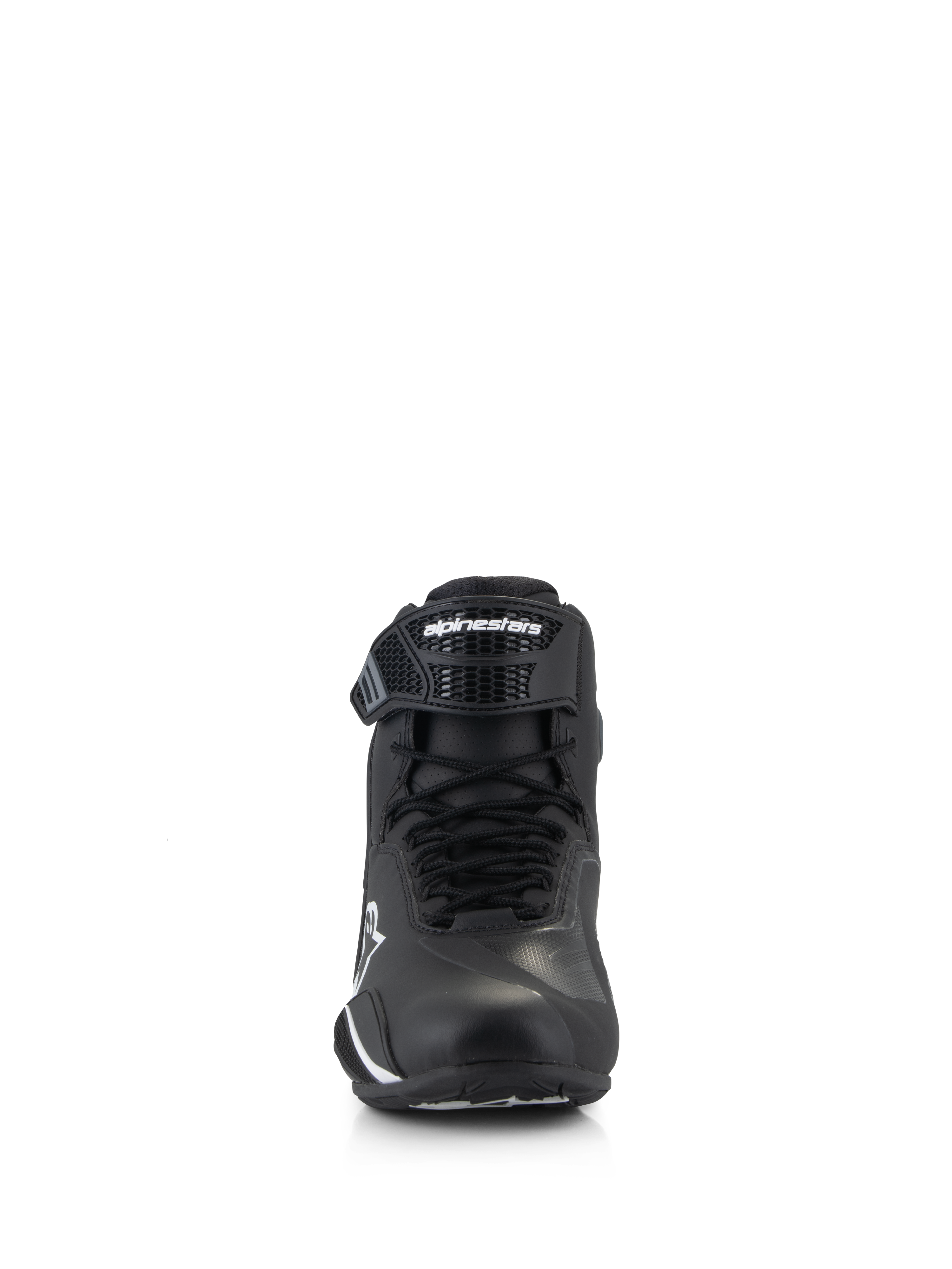 Alpinestars Faster-4 sko, motorcykelsko, sort og hvid, set forfra med snørelukning og justerbar TPR-ankelrem med Alpinestars-logo, strømlinet og beskyttende design til landevejskørsel