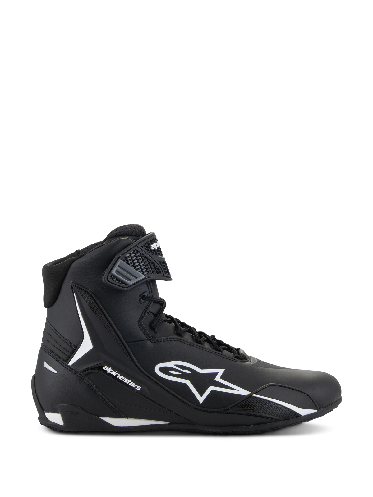 Alpinestars Faster-4 sko, sort og hvid motorcykel-køresko, sidevisning af højhalset design med hvidt stjernelogo, tekstureret ankelstrop, snørelukning, strømlinet overdel i mikrofiber, performance-orienteret racing-inspireret fodtøj