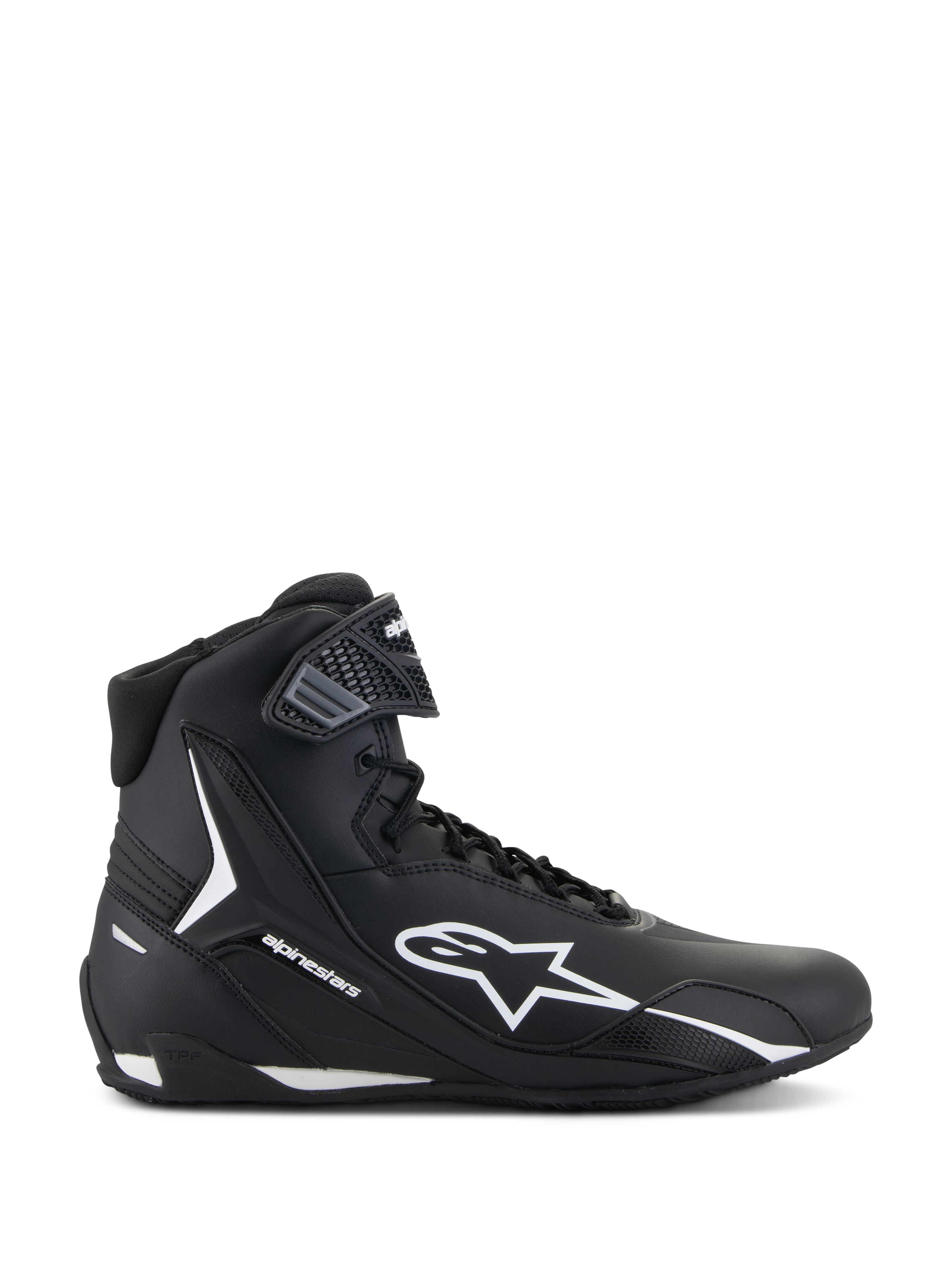 Alpinestars Faster-4 sko, sort og hvid motorcykel-køresko, sidevisning af højhalset design med hvidt stjernelogo, tekstureret ankelstrop, snørelukning, strømlinet overdel i mikrofiber, performance-orienteret racing-inspireret fodtøj