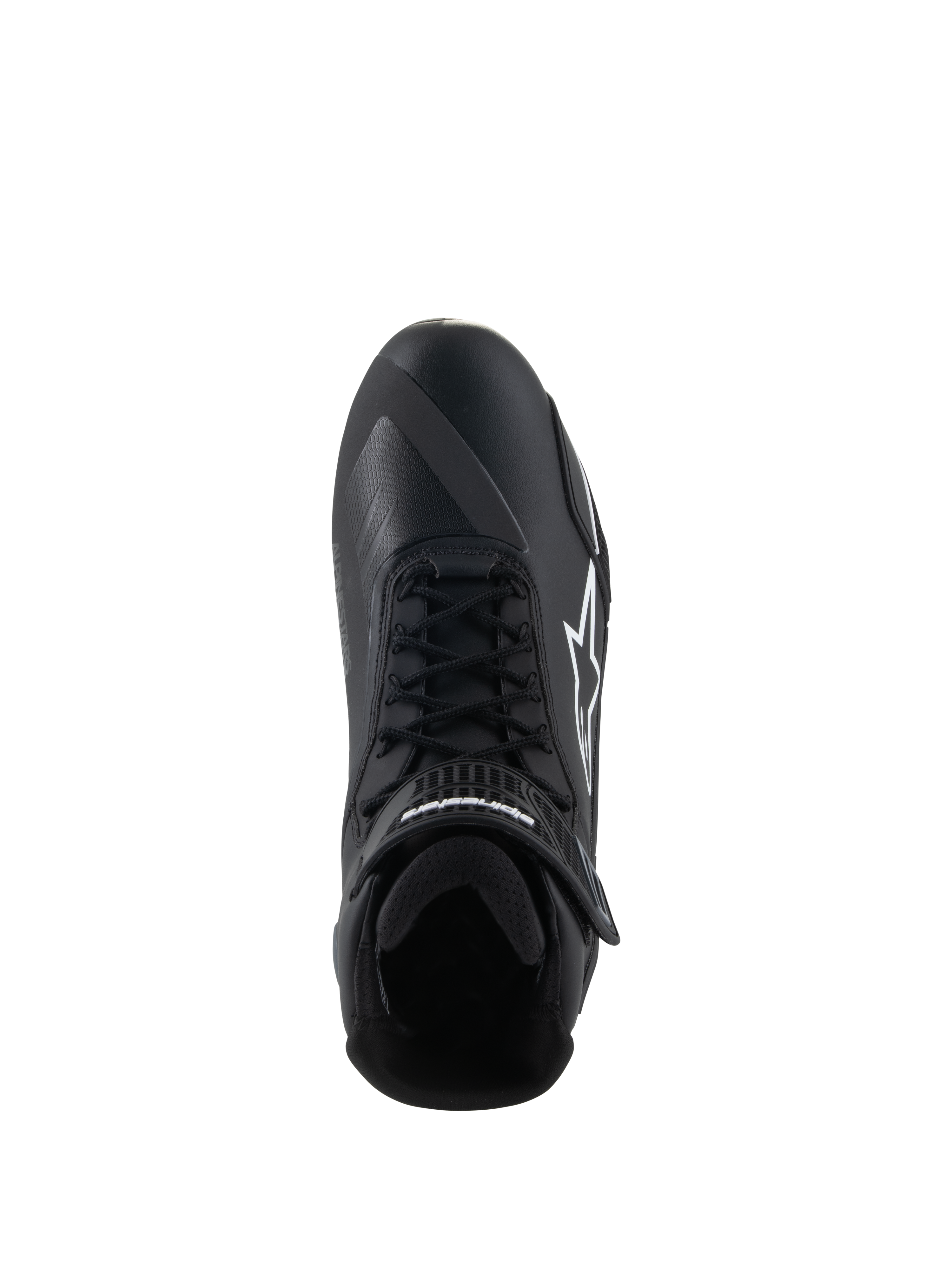 Alpinestars Faster-4 sko, køresko til motorcykel, sort og hvid, set oppefra, viser snørebåndslukning, ankelrem med velcro og hvidt Alpinestars-logo på siden