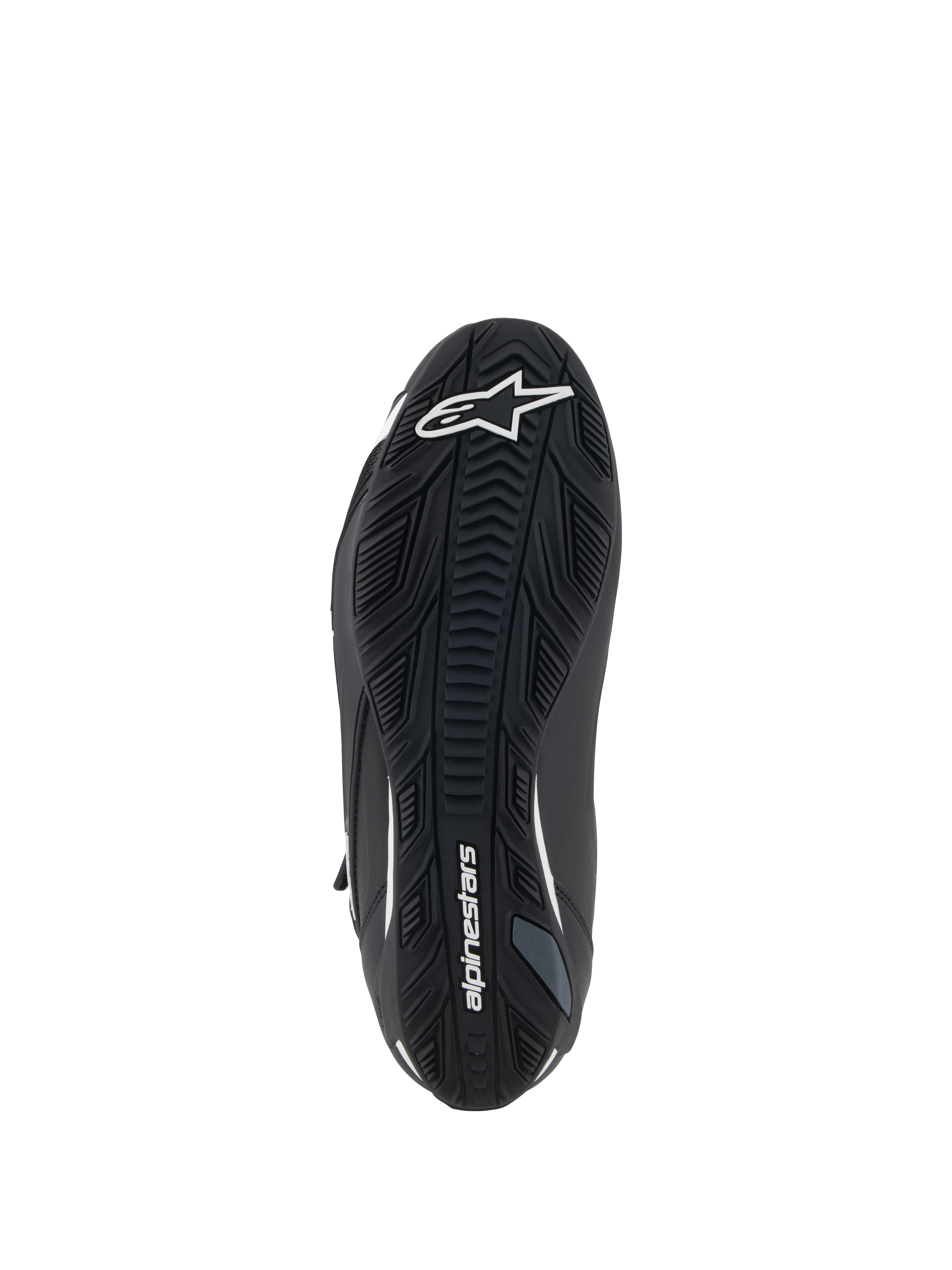 Alpinestars Faster-4 sko, motorcykel-køresko, sort og hvid, visning af tekstureret gummisål, hvidt Alpinestars stjernelogo på tåen og navnetræk på svangen, grebsfokuseret ydersål til landevejskørsel