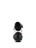 Alpinestars Faster-4 sko, set bagfra, sort, hvid og rød, med et sort TPR-hælmodstykke, hvid overdel i mikrofiber med røde detaljer og sort polstret krave, performance motorcykel-køresko