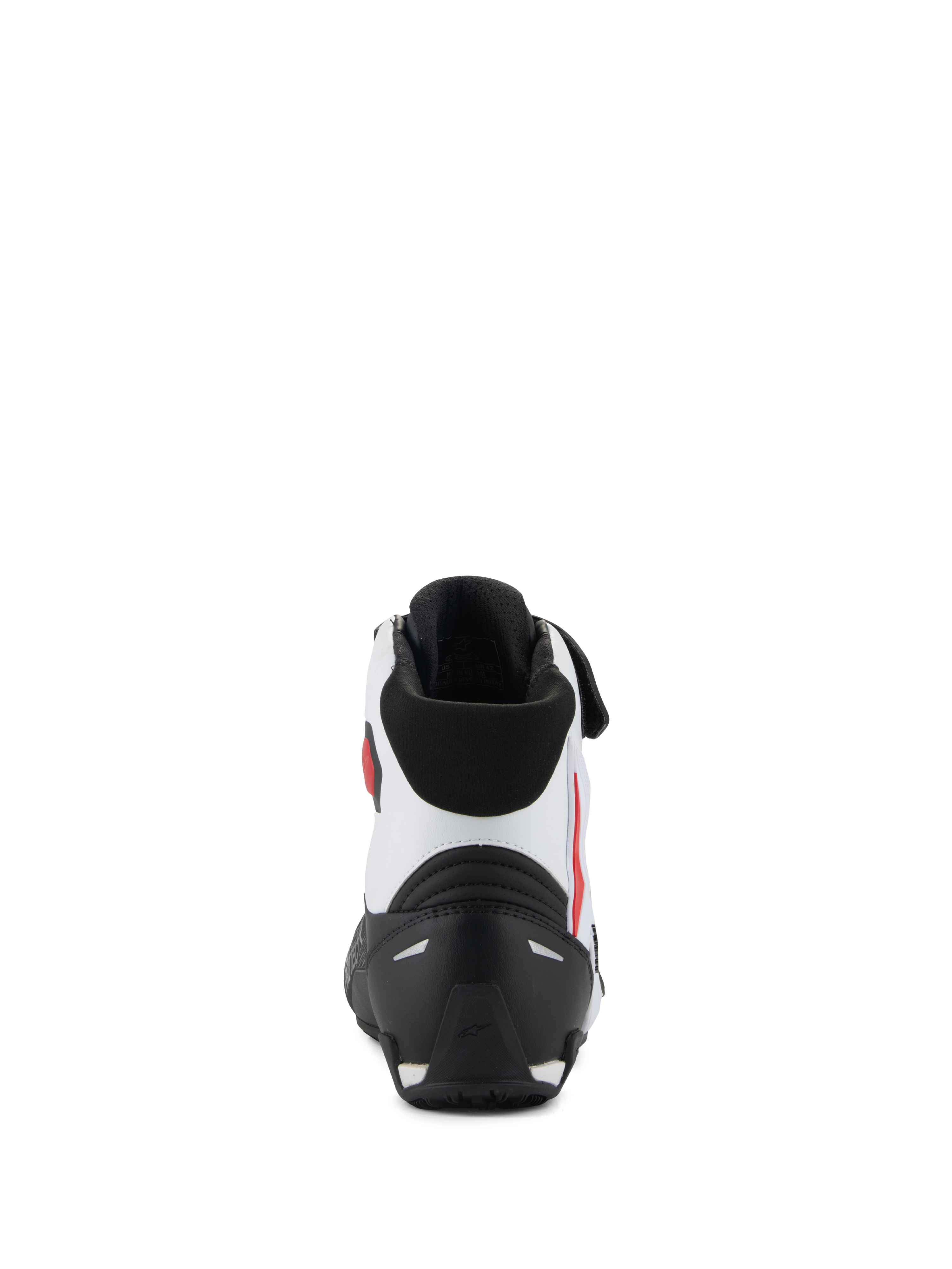 Alpinestars Faster-4 sko, set bagfra, sort, hvid og rød, med et sort TPR-hælmodstykke, hvid overdel i mikrofiber med røde detaljer og sort polstret krave, performance motorcykel-køresko