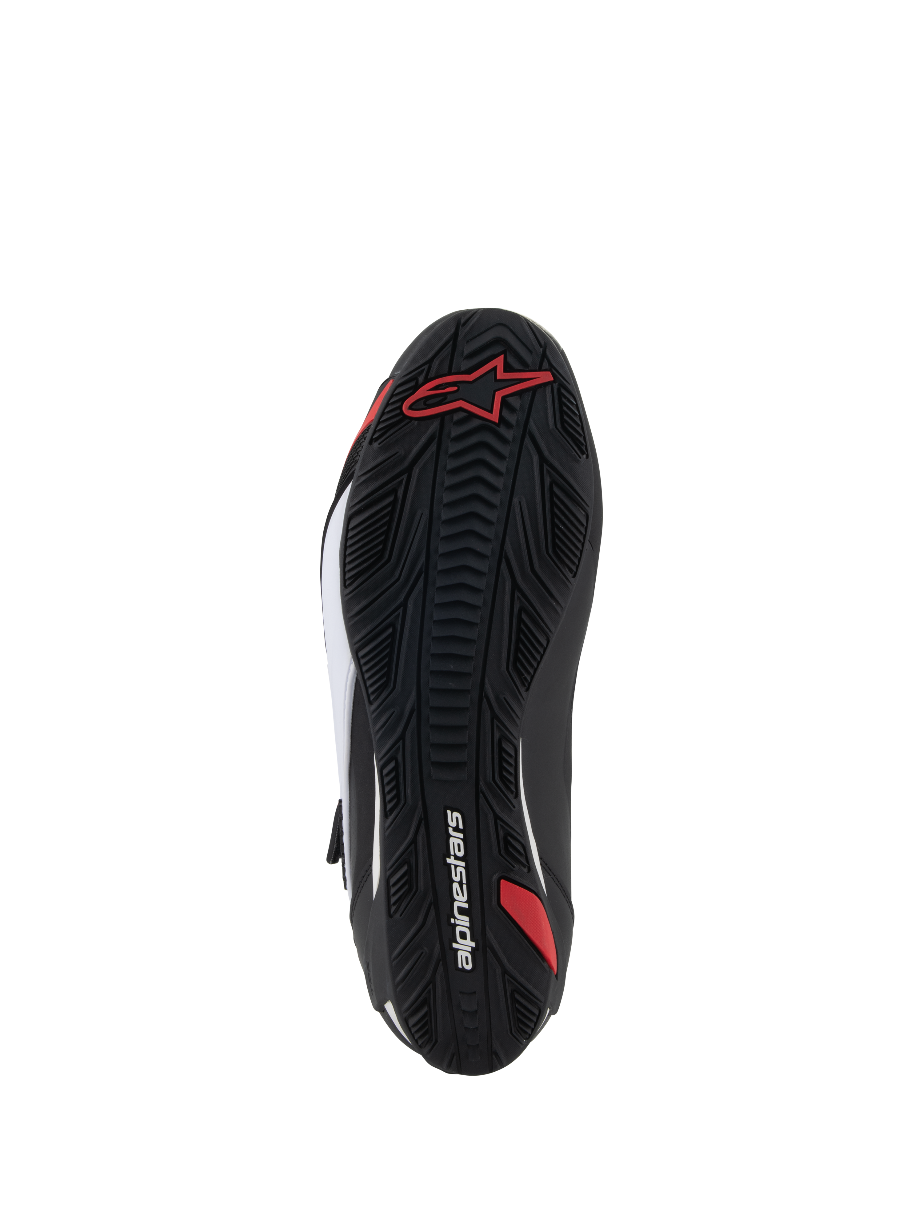 Alpinestars Faster-4 sko, motorcykel køresko, set fra undersiden, sort gummi med tekstureret grebsmønster, rødt Alpinestars-logo og hvidt brandnavn, designet til vej- og sportskørsel
