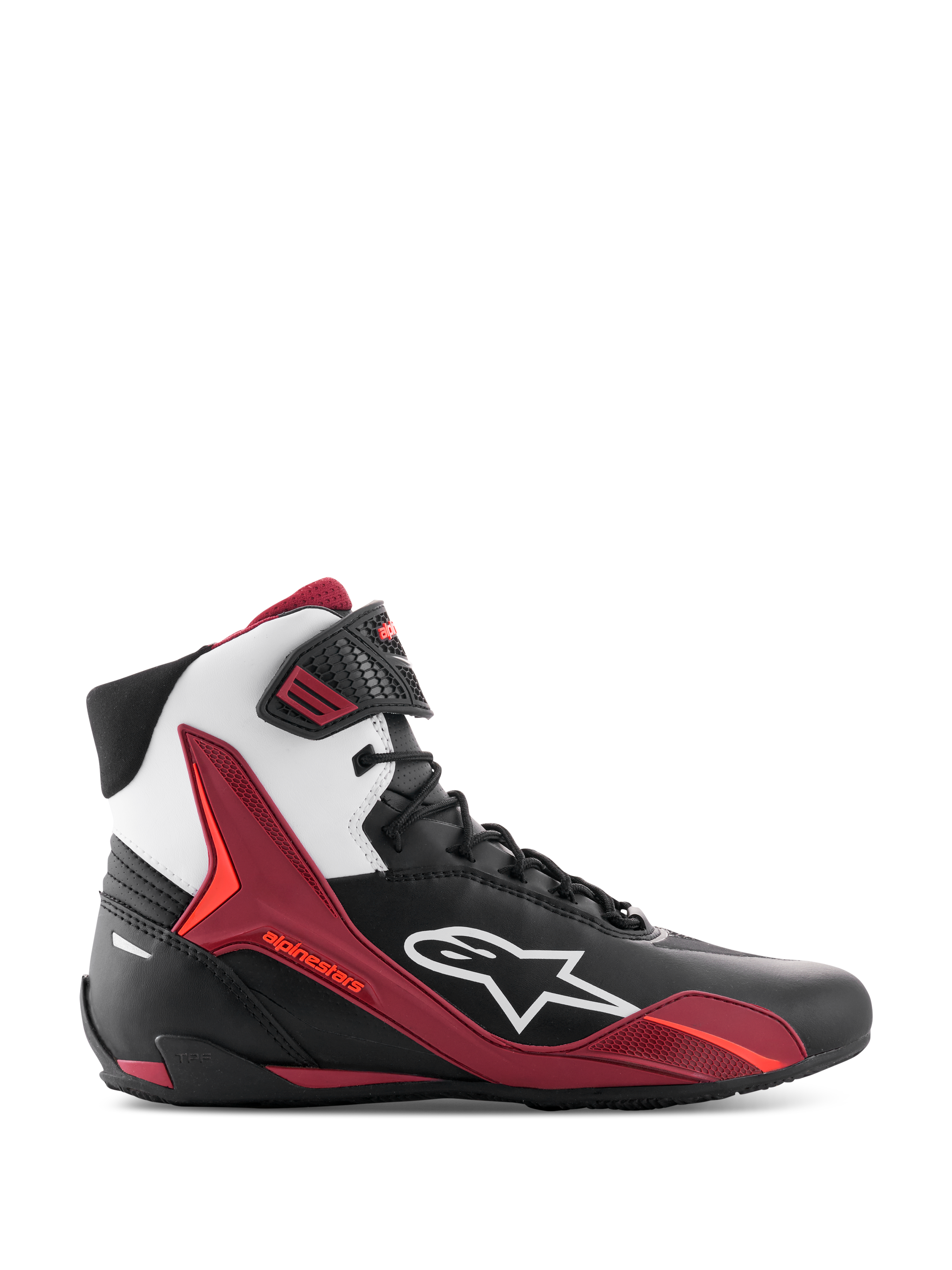 Alpinestars Faster-4 Shoes, High-Top Motorcycle Riding Shoes, Black White and Dark Red, side profile view featuring white Alpinestars logo and red TPU support panels, lace-up design with a sporty racing style, durable microfiber construction.