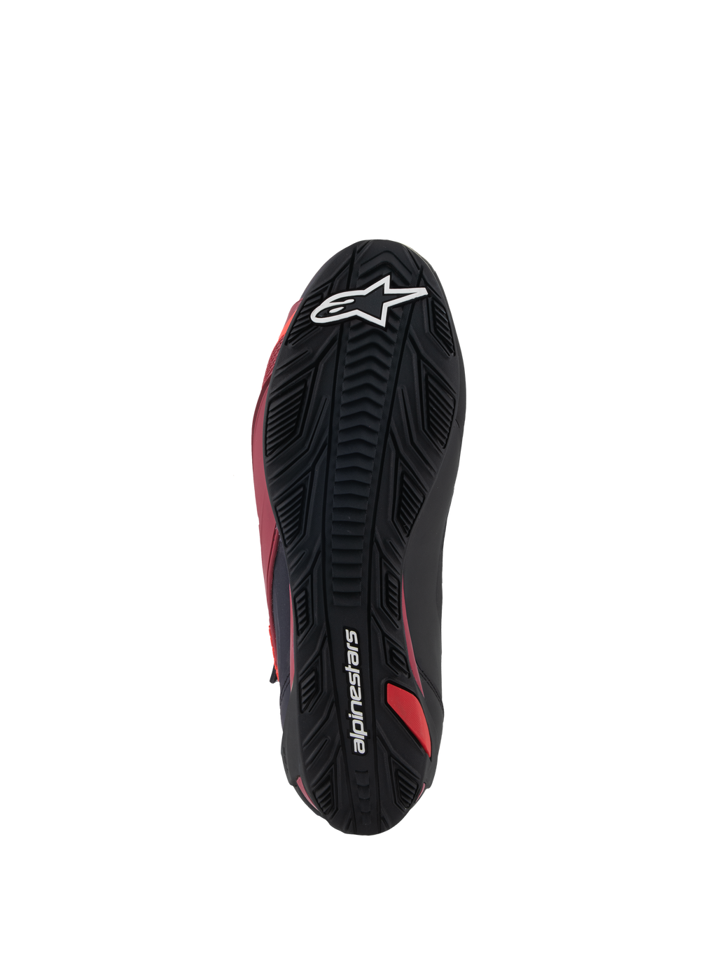 Alpinestars Faster-4 sko, motorcykelkøresko, sort, hvid og mørkerød, set nedefra af den teksturerede gummisål, med hvidt stjernelogo og Alpinestars-logo, slidstærkt grebsmønster til performance-vejkørsel