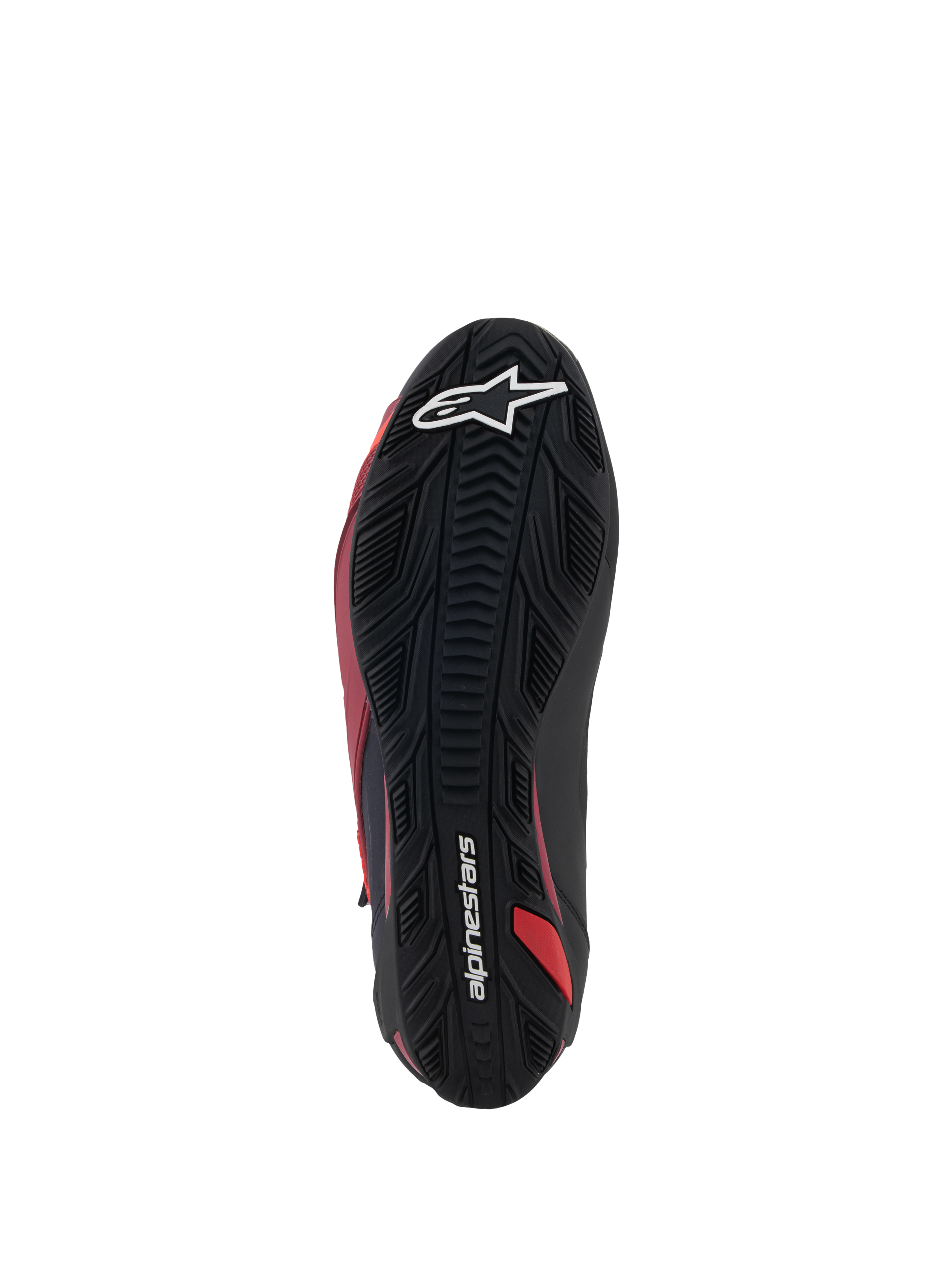 Alpinestars Faster-4 sko, motorcykelkøresko, sort, hvid og mørkerød, set nedefra af den teksturerede gummisål, med hvidt stjernelogo og Alpinestars-logo, slidstærkt grebsmønster til performance-vejkørsel