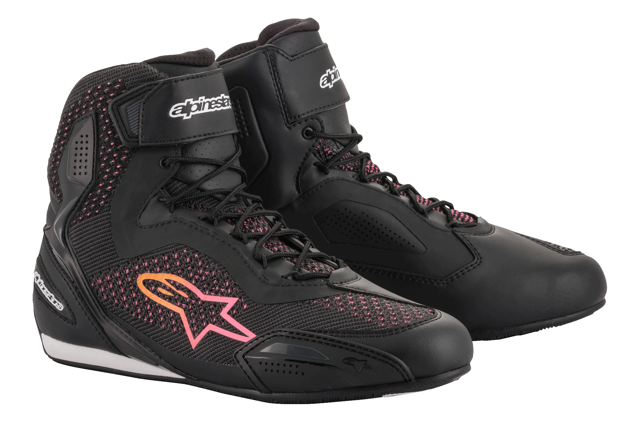 Alpinestars Stella Faster-3 Rideknit® sko til kvinder, motorcykelkøresko, sort med gule og lyserøde detaljer, åndbar strikket overdel, sikker snørebåndslukning med velcrolukning ved anklen, beskyttende forstærkede paneler.