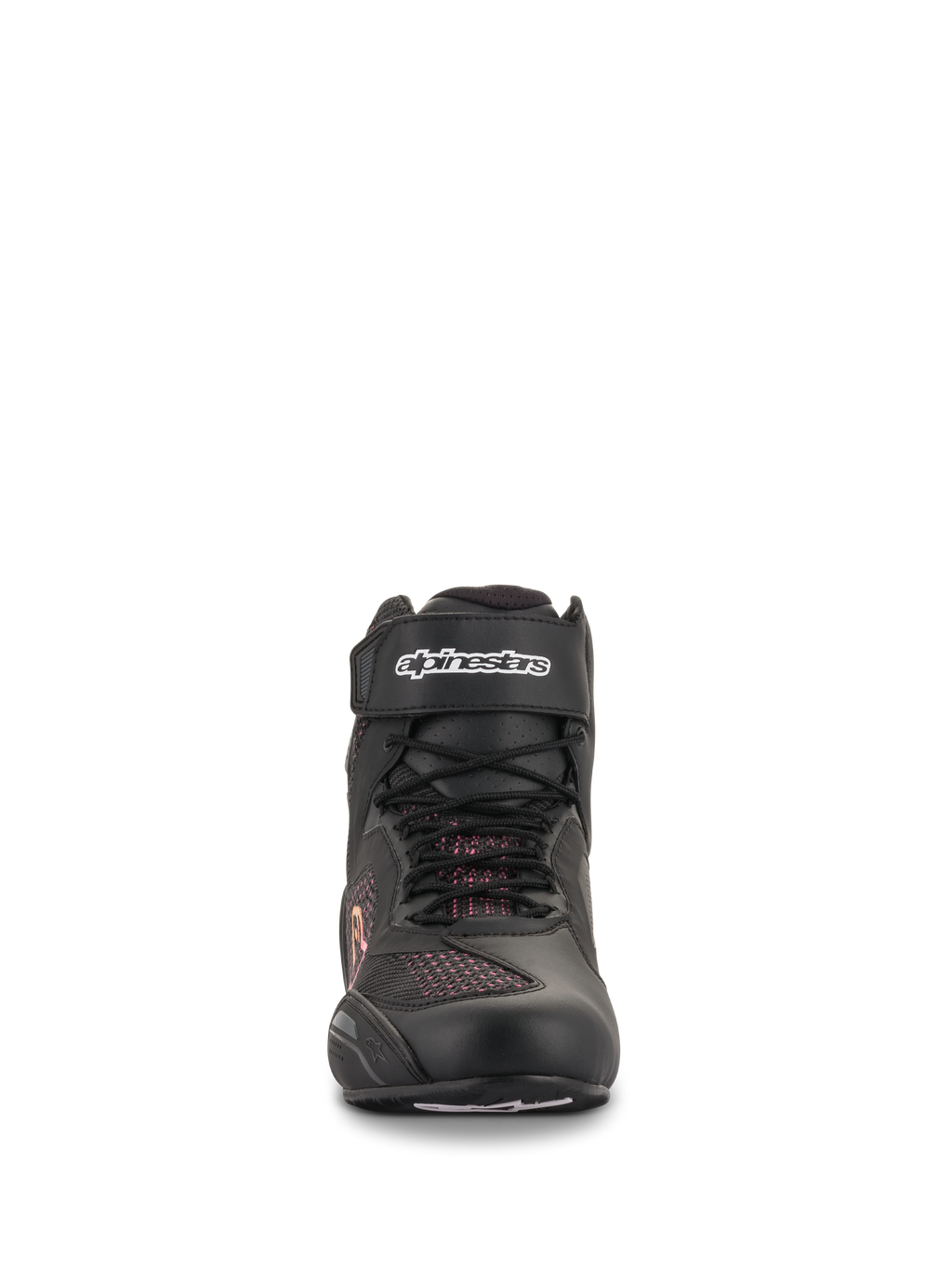 Alpinestars Stella Faster-3 Rideknit® sko til damer, sort, gul og lyserød, set forfra, der viser sømfri strikket konstruktion, snørebånd og velcro-ankelrem med hvidt Alpinestars-logo, letvægtsfodtøj til motorcykelkørsel