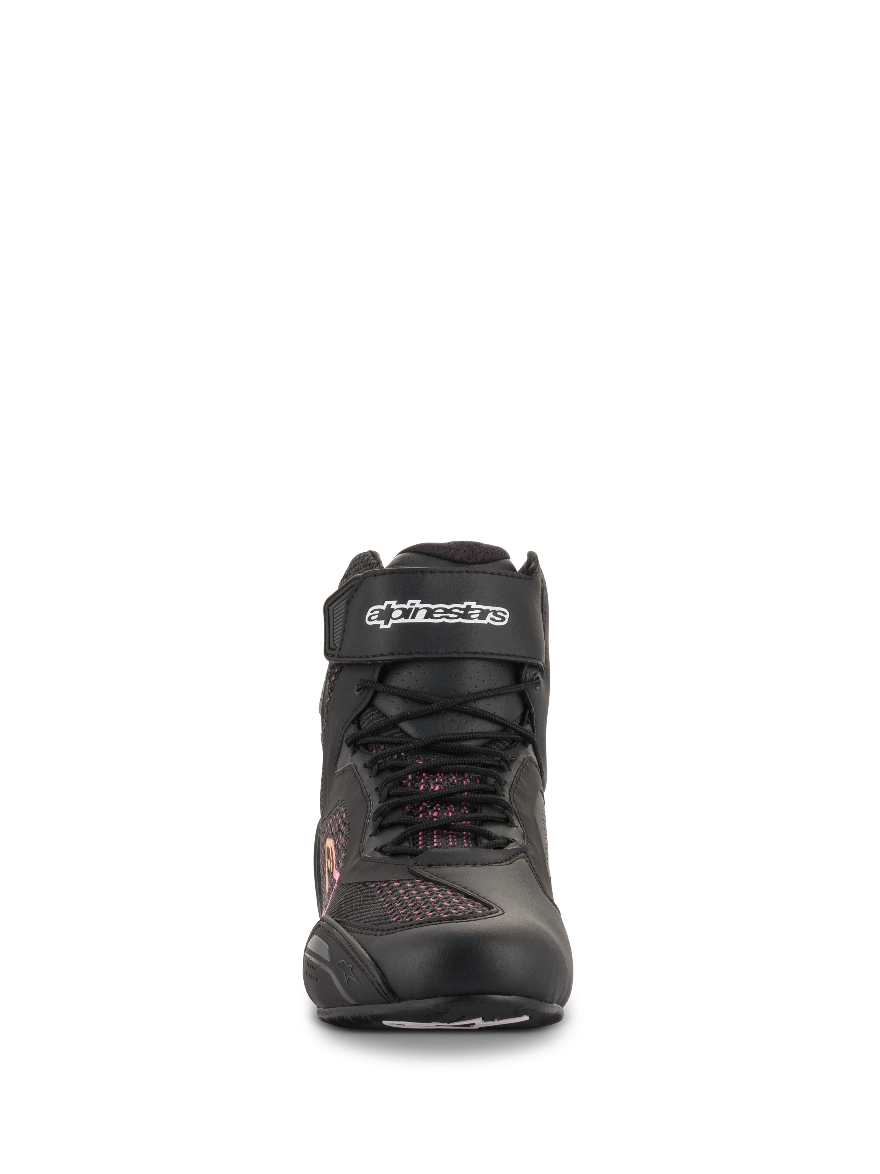 Alpinestars Stella Faster-3 Rideknit® sko til damer, sort, gul og lyserød, set forfra, der viser sømfri strikket konstruktion, snørebånd og velcro-ankelrem med hvidt Alpinestars-logo, letvægtsfodtøj til motorcykelkørsel