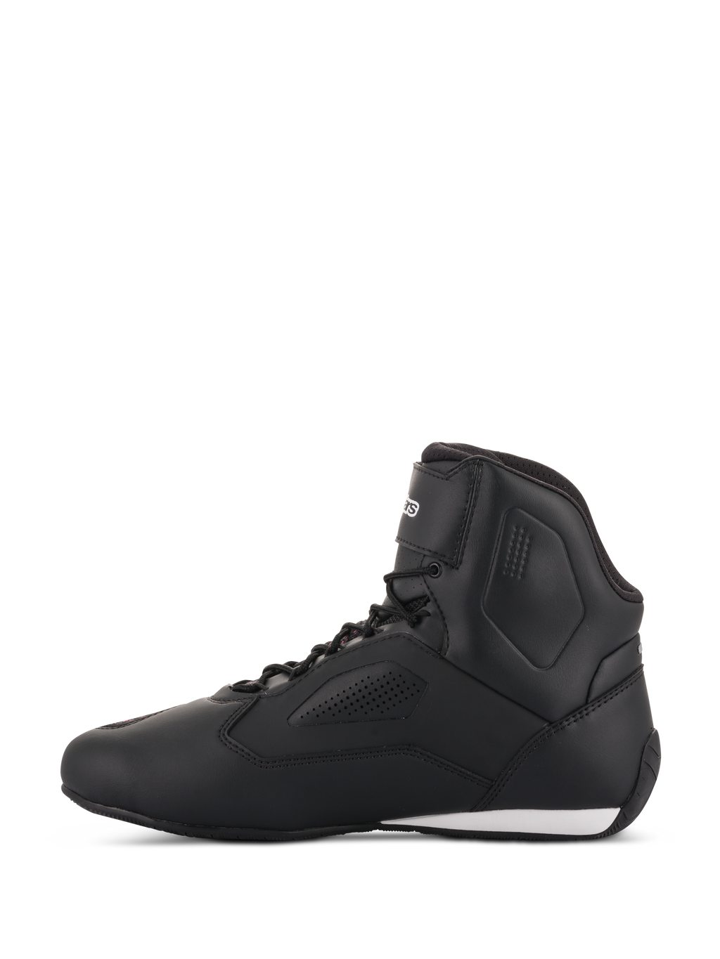 Alpinestars Stella Faster-3 Rideknit® sko til damer, motorcykel-køresko i sort, gul og lyserød, set fra siden, med et strømlinet high-top design, perforerede paneler og en hvid detalje på hælen.