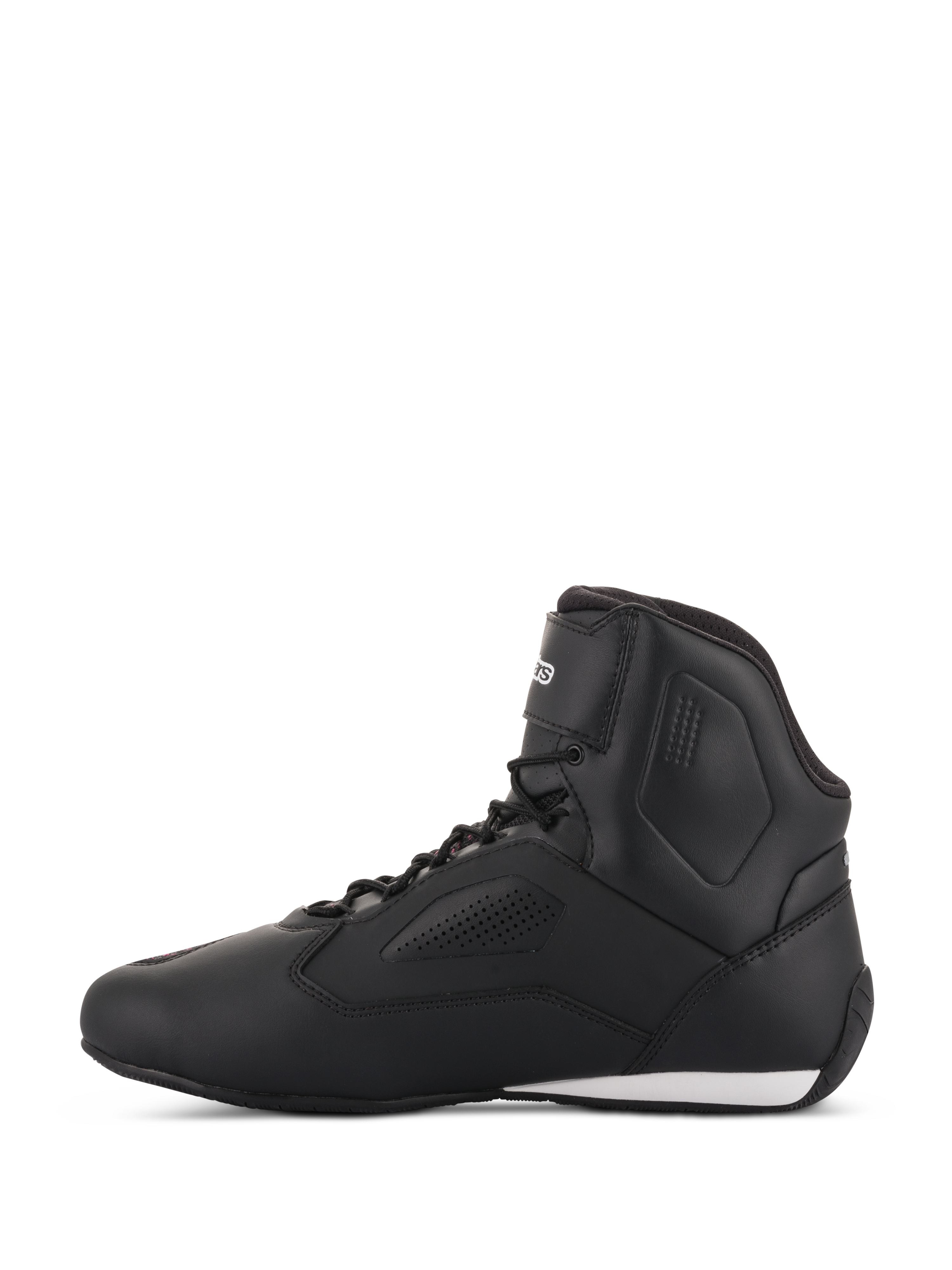 Alpinestars Stella Faster-3 Rideknit® sko til damer, motorcykel-køresko i sort, gul og lyserød, set fra siden, med et strømlinet high-top design, perforerede paneler og en hvid detalje på hælen.